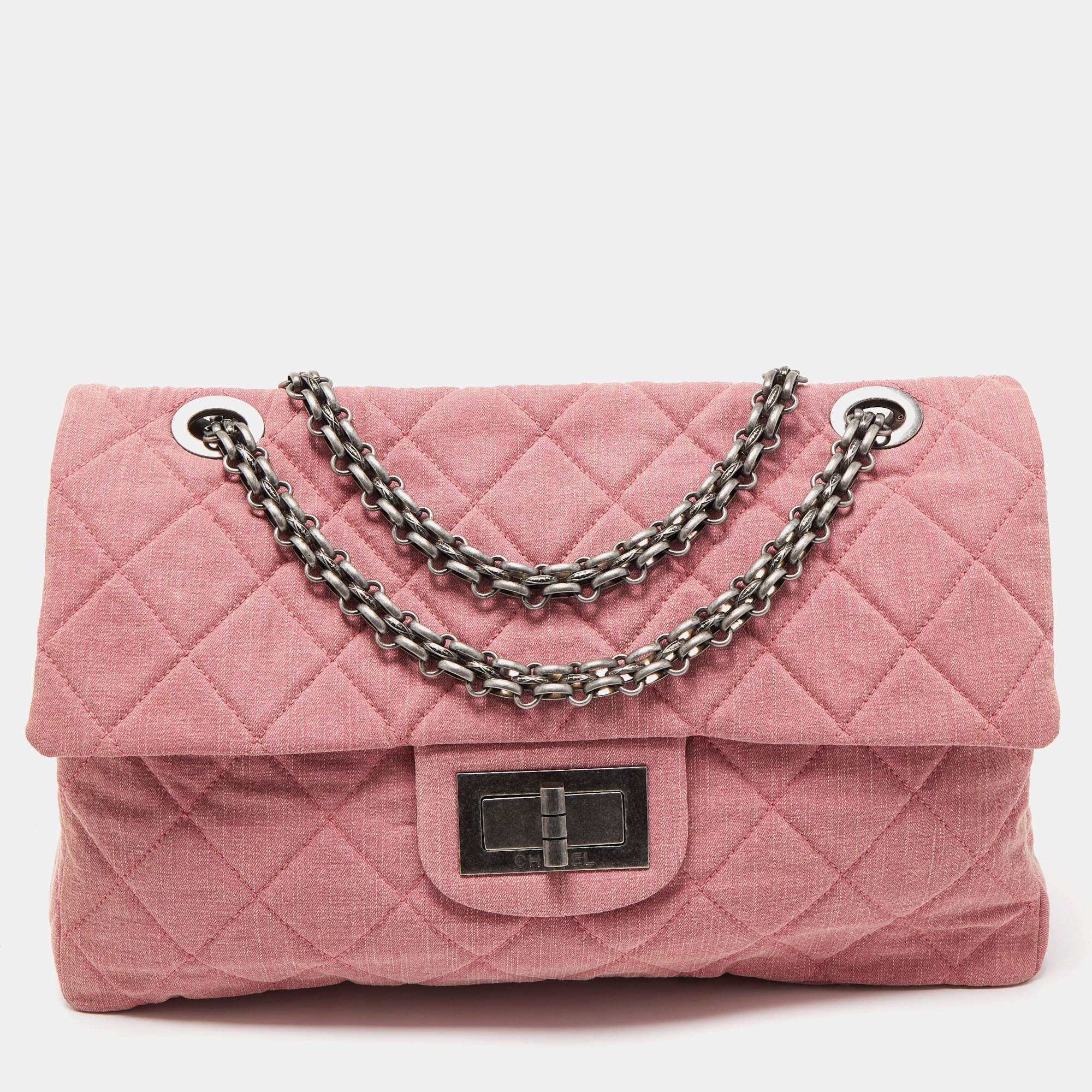 Pre Owned Chanel Pink Quilted Canvas XXL Reissue 2.55 Flap Bag