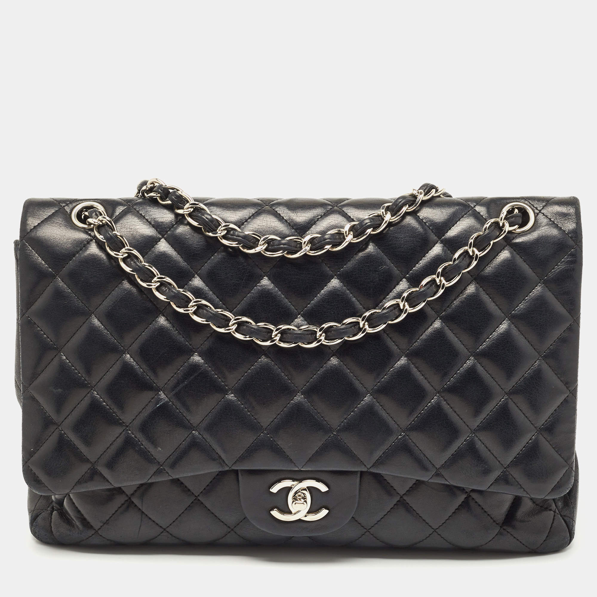 Pre Owned Chanel Black Leather Maxi Jumbo XL Classic Flap Bag
