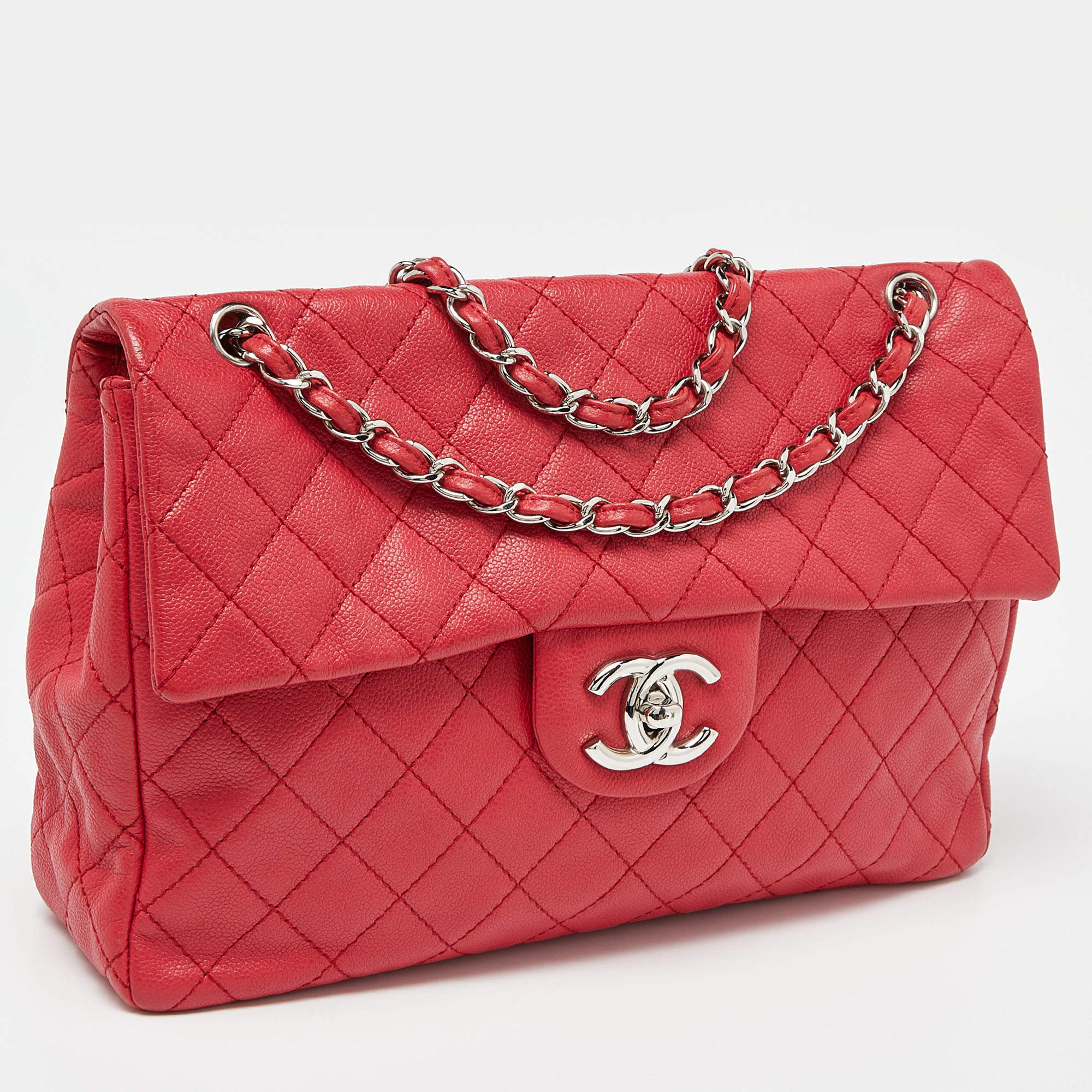 Chanel Red Quilted Caviar Leather Maxi Classic Single Flap Bag Chanel