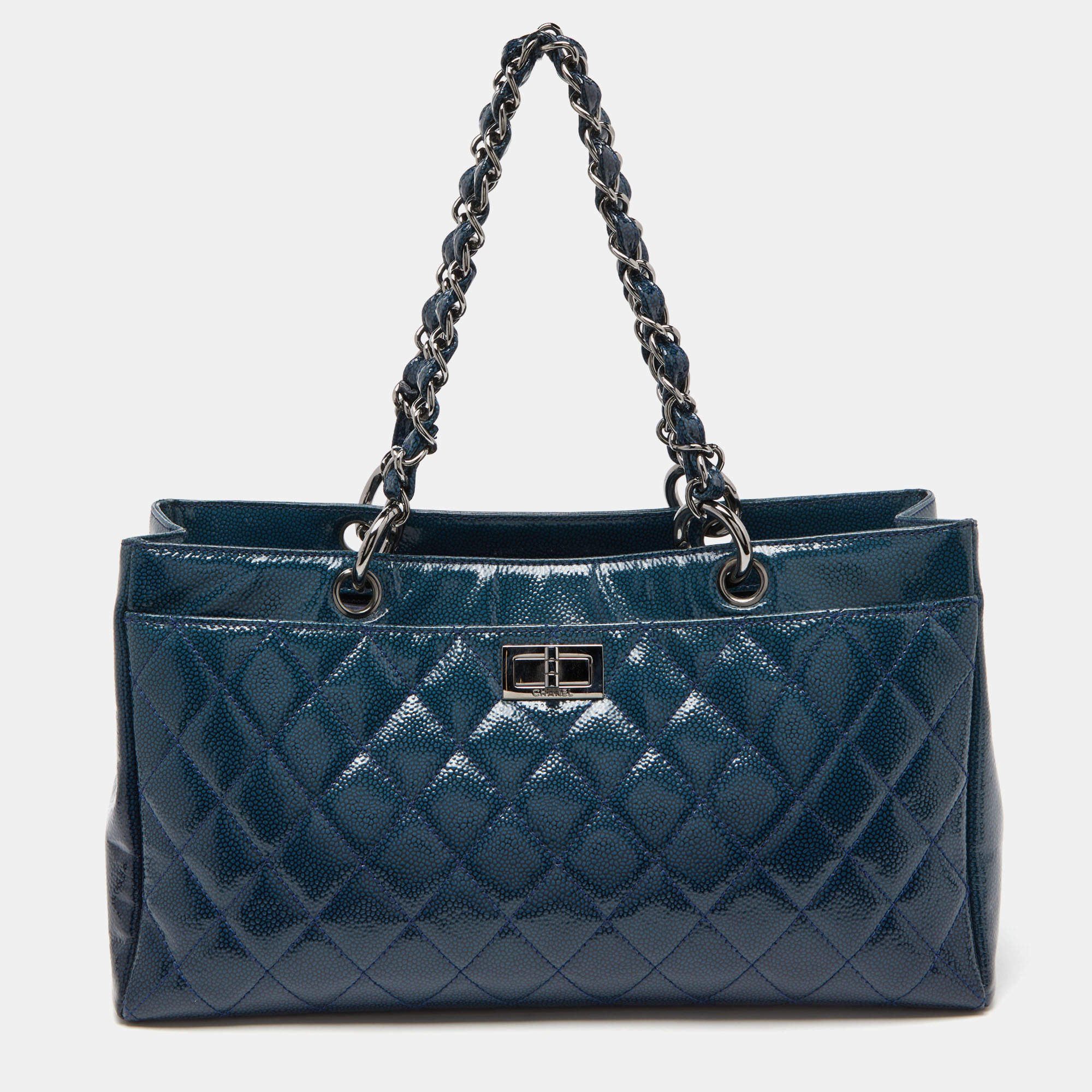 Pre Owned Chanel Blue Diamond Shine Quilted Leather Reissue Tote