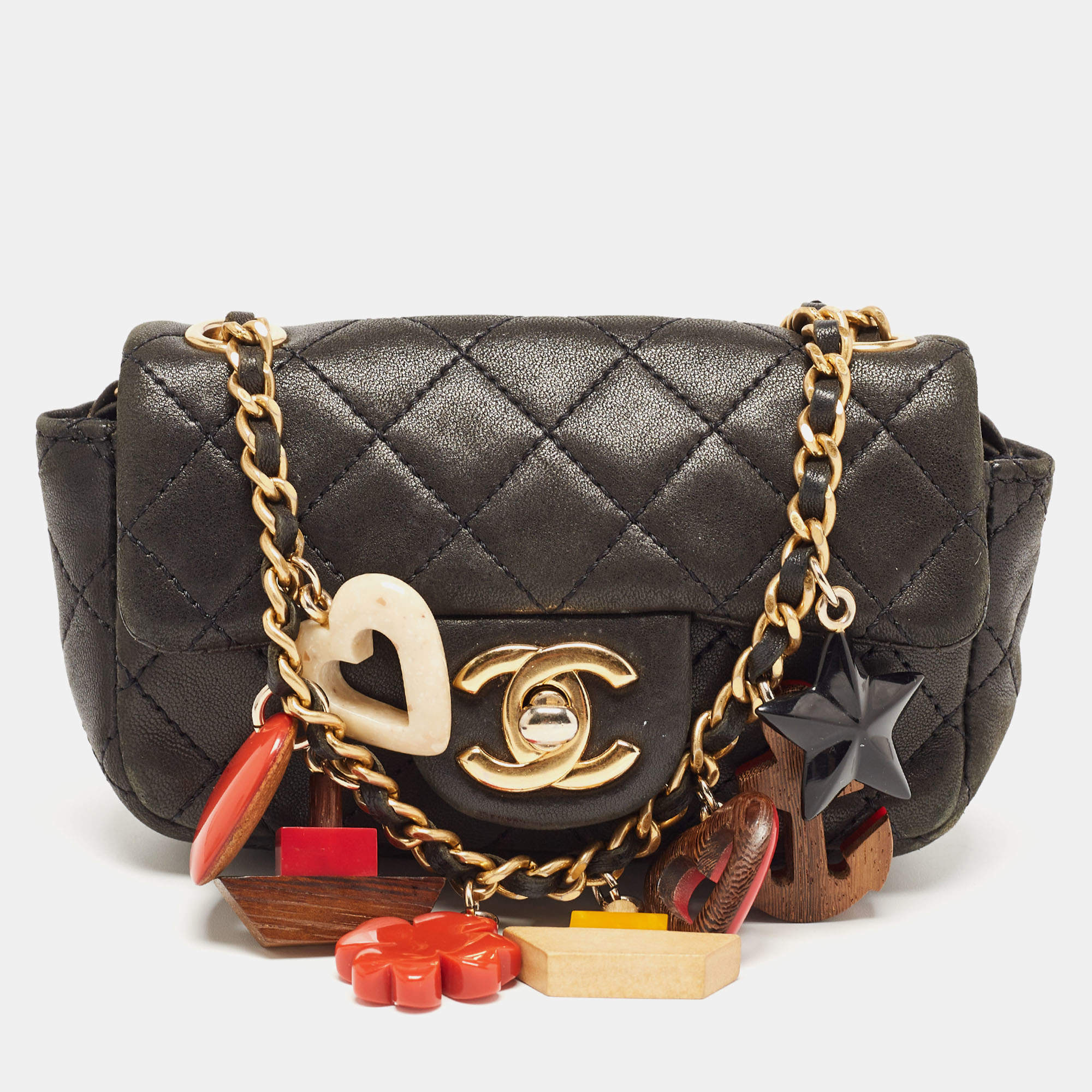 Pre Owned Chanel Black Quilted Leather Extra Mini Charms Classic Flap Bag