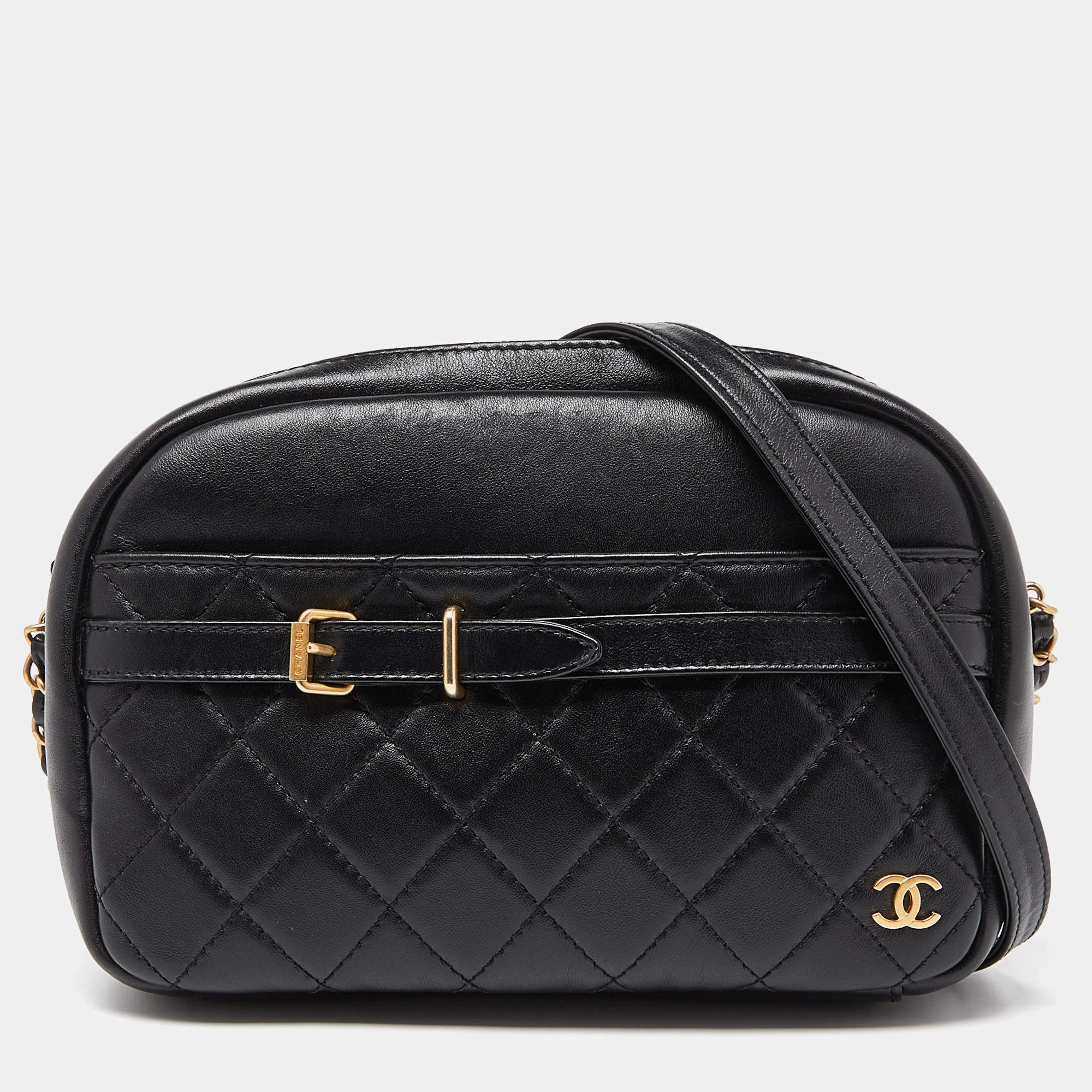 Pre Owned Chanel Black Quilted Leather Buckle Camera Case Bag