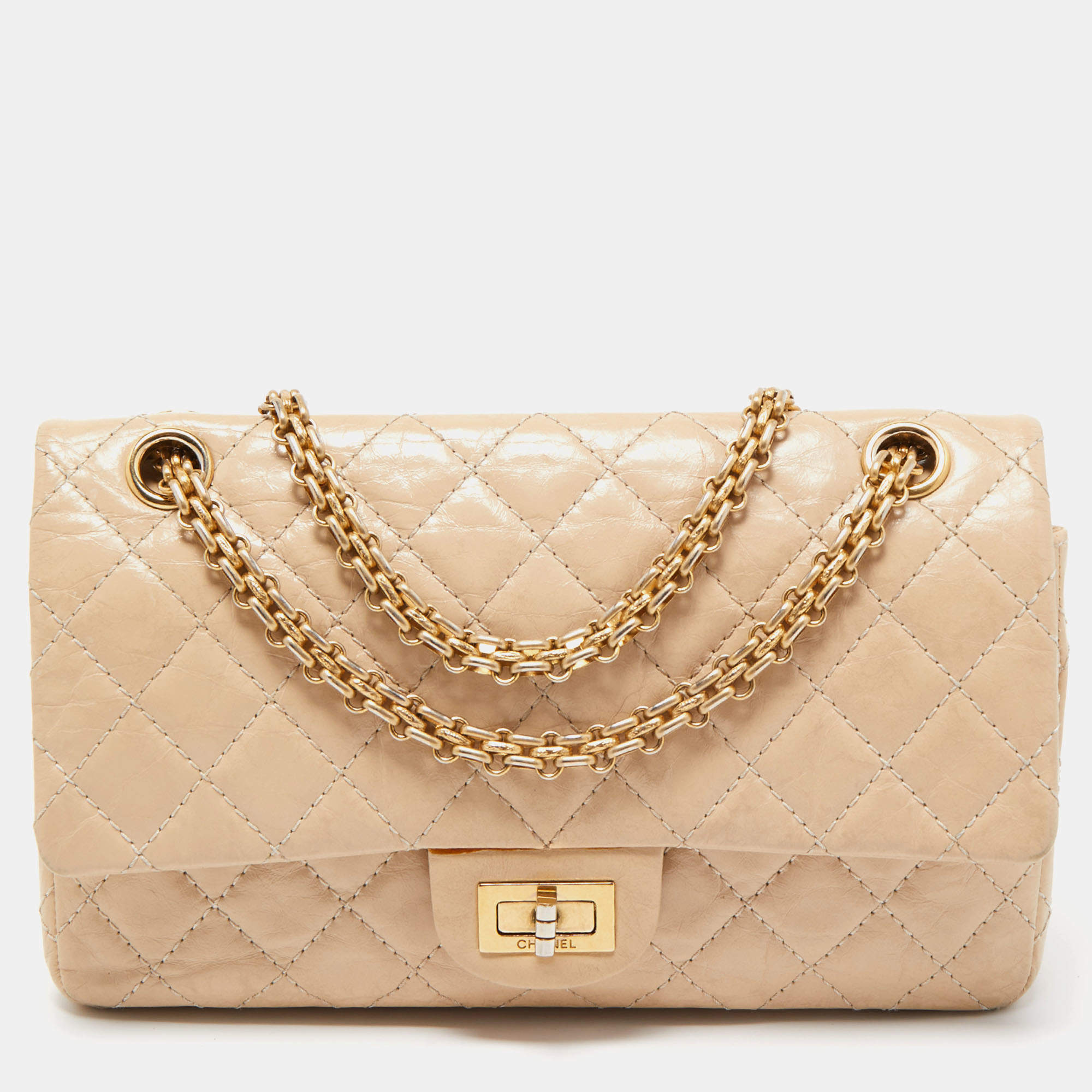 Pre Owned Chanel Beige Quilted Aged Leather Reissue 2.55 Classic 225 Flap Bag