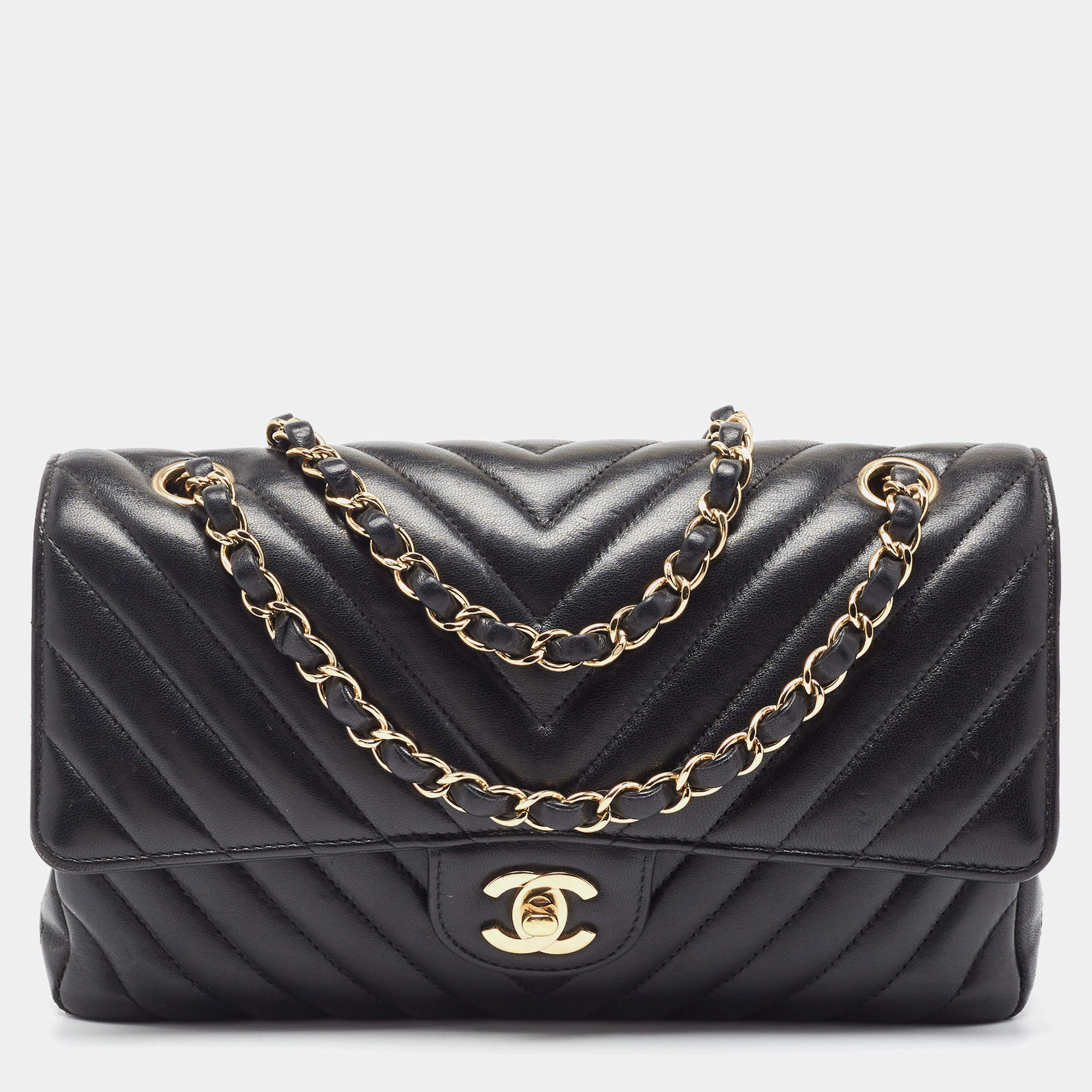 Pre Owned Chanel Black Chevron Lambskin Leather Medium Classic Double Flap Bag