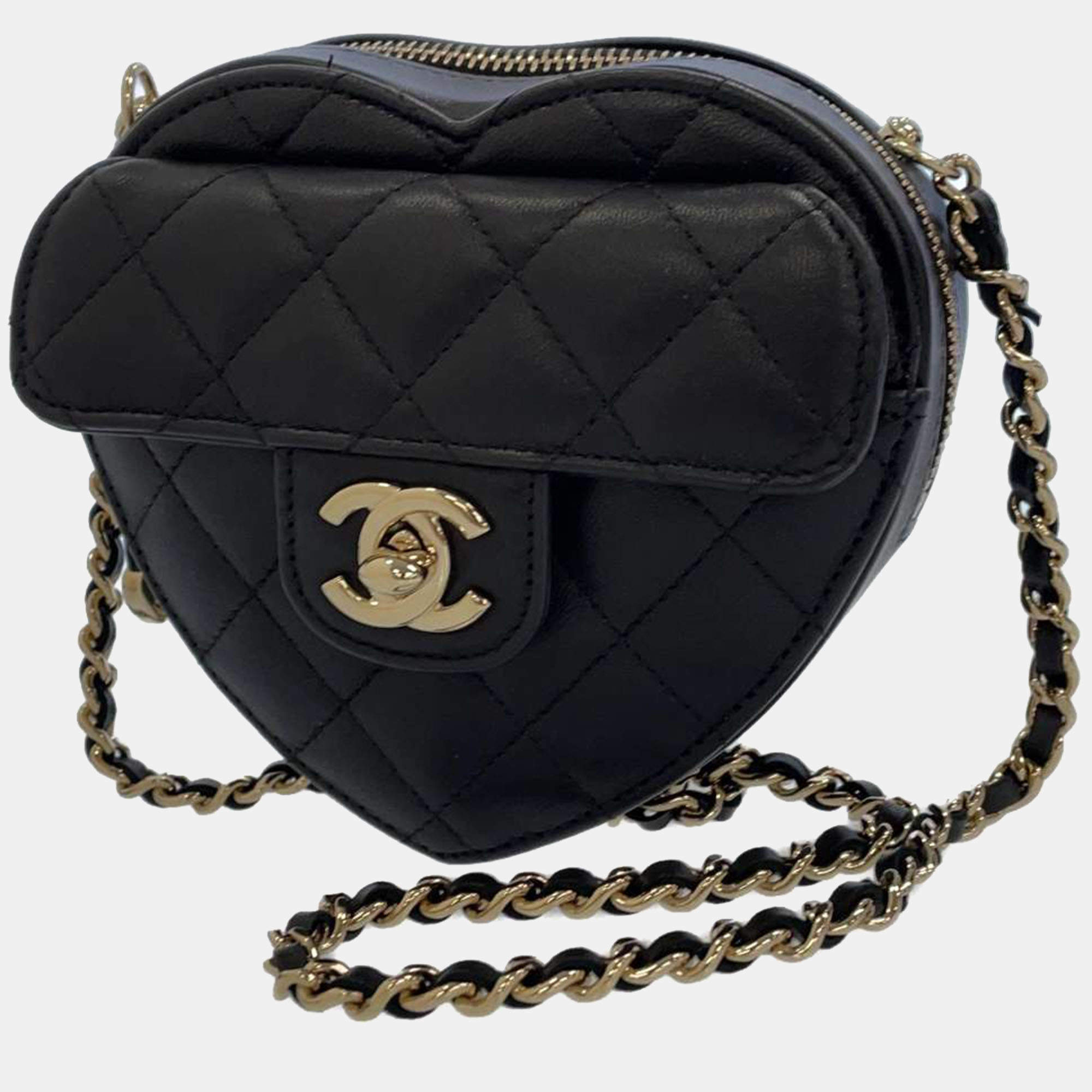 Chanel Black Quilted Lambskin Mini CC In Love Heart Belt Bag Pale