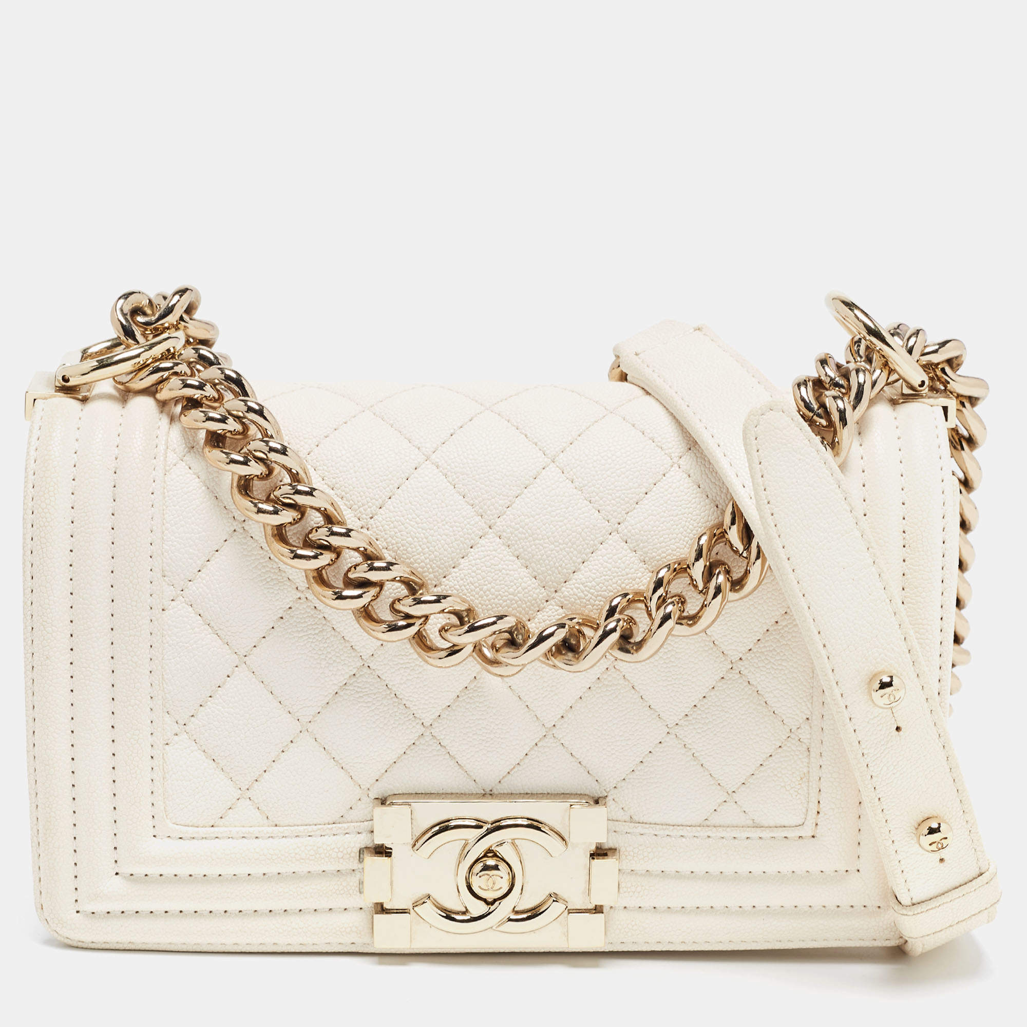 Pre Owned Chanel Off White Quilted Leather Small Boy Flap Bag