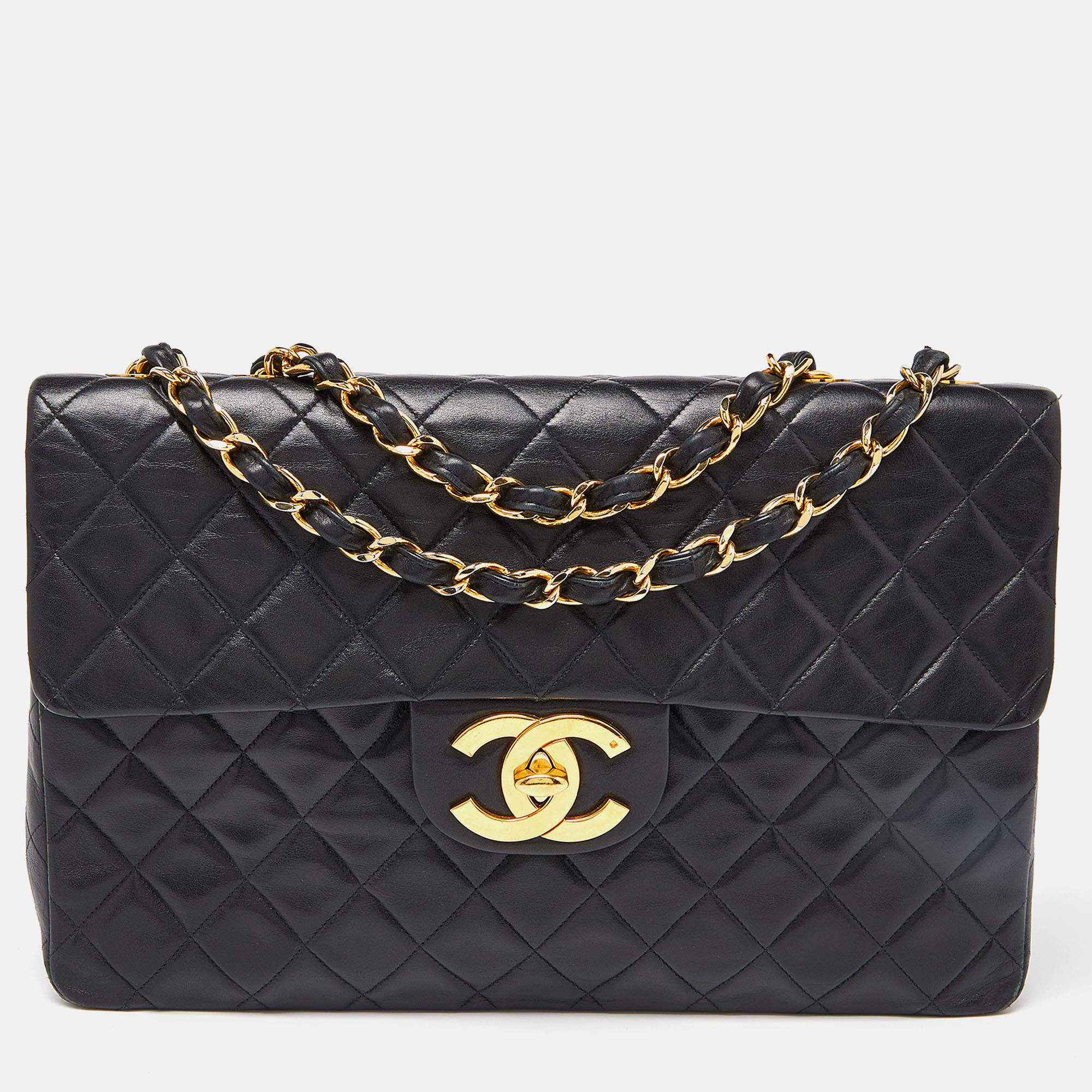 Chanel Black Quilted Lambskin Leather Maxi Vintage Classic Single Flap Bag