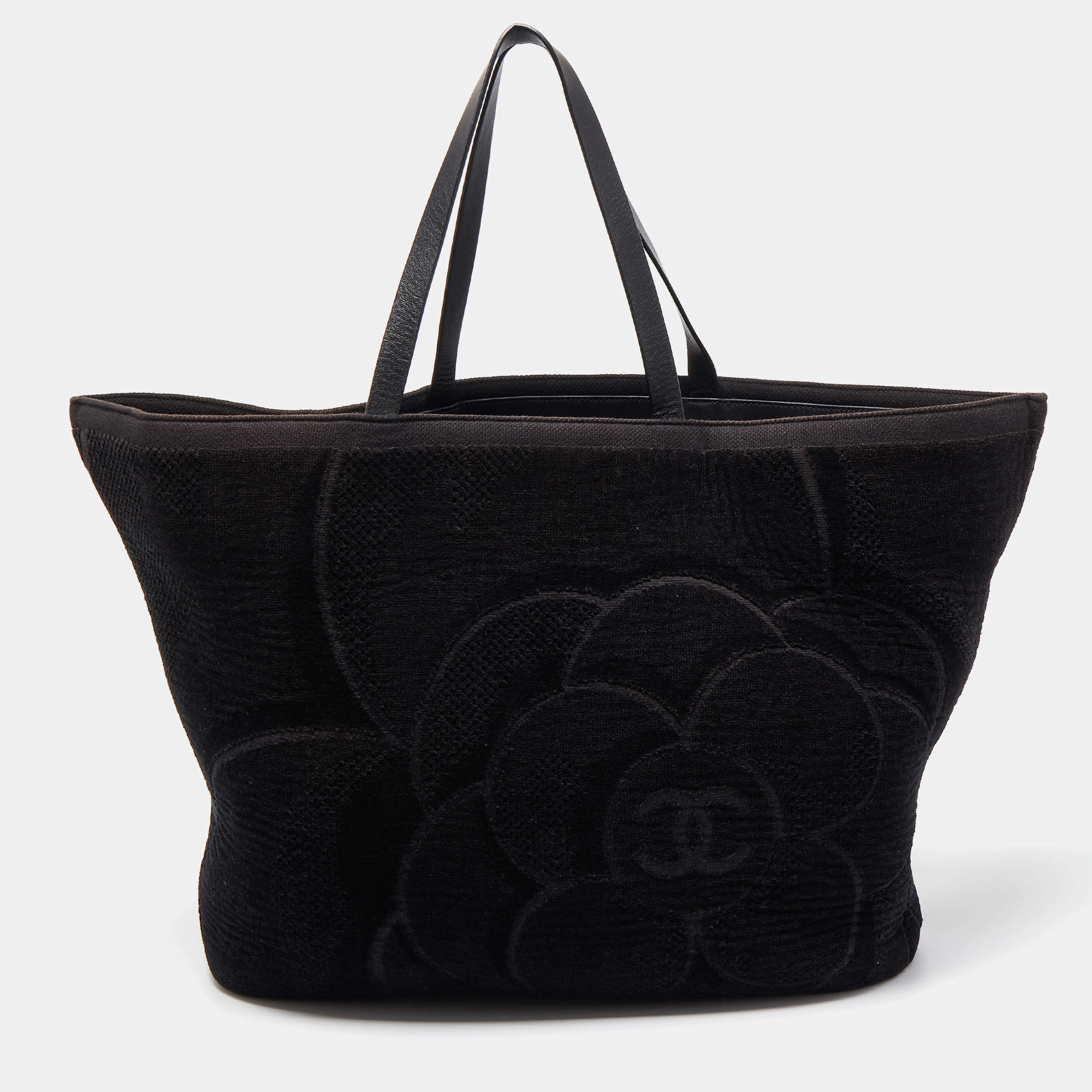 Pre Owned Chanel Black Cotton and Leather Camellia Terry Beach Tote w/ Towel