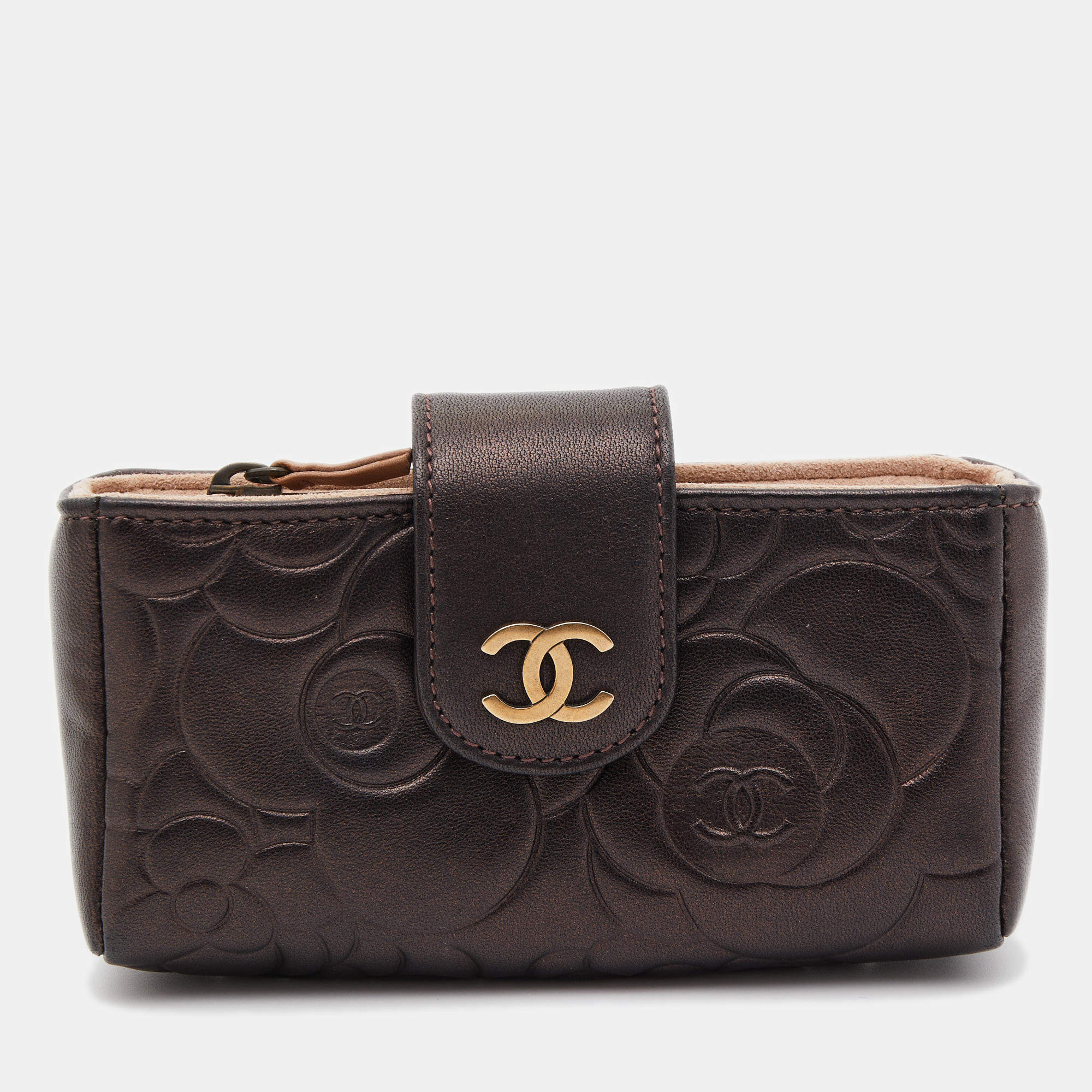 Pre Owned Chanel Bronze Leather Camelia Embossed Phone Pouch
