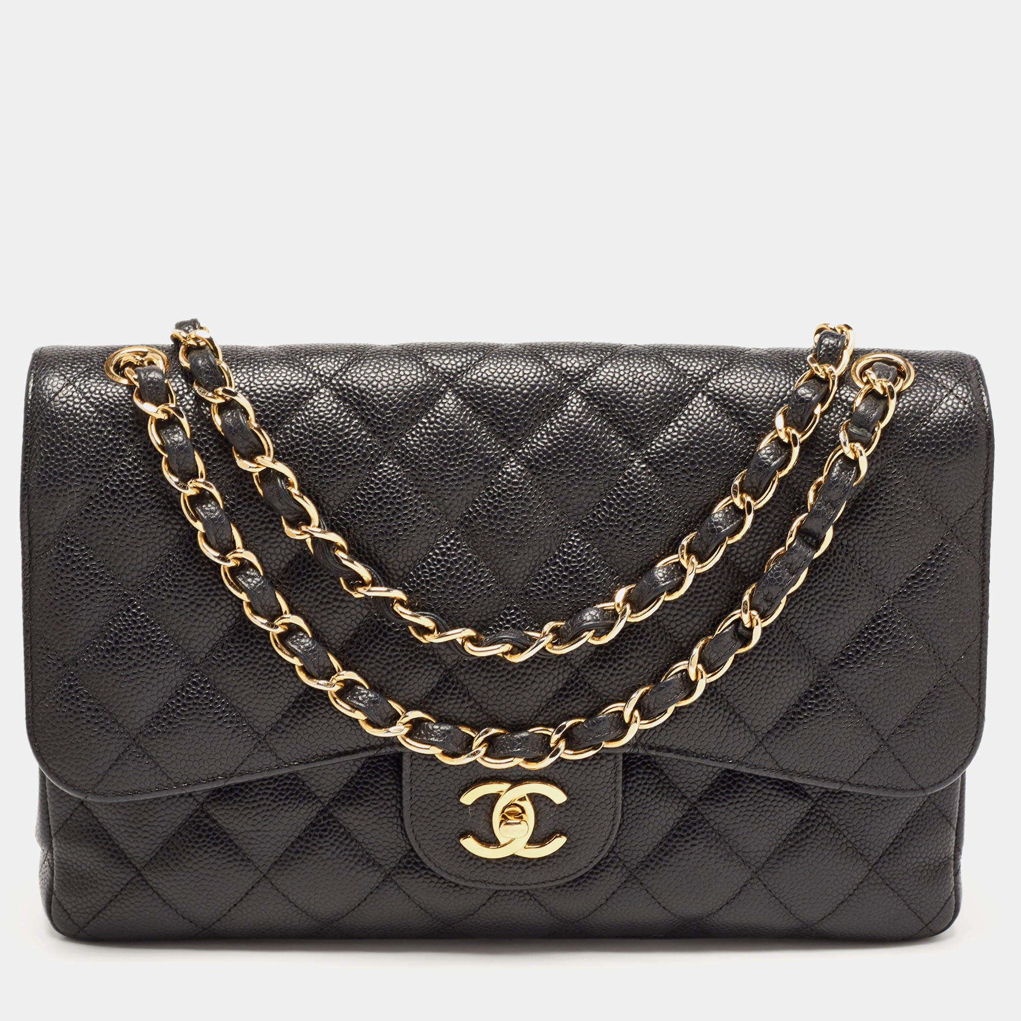 Pre Owned Chanel Black Quilted Caviar Leather Jumbo Classic Double Flap Bag