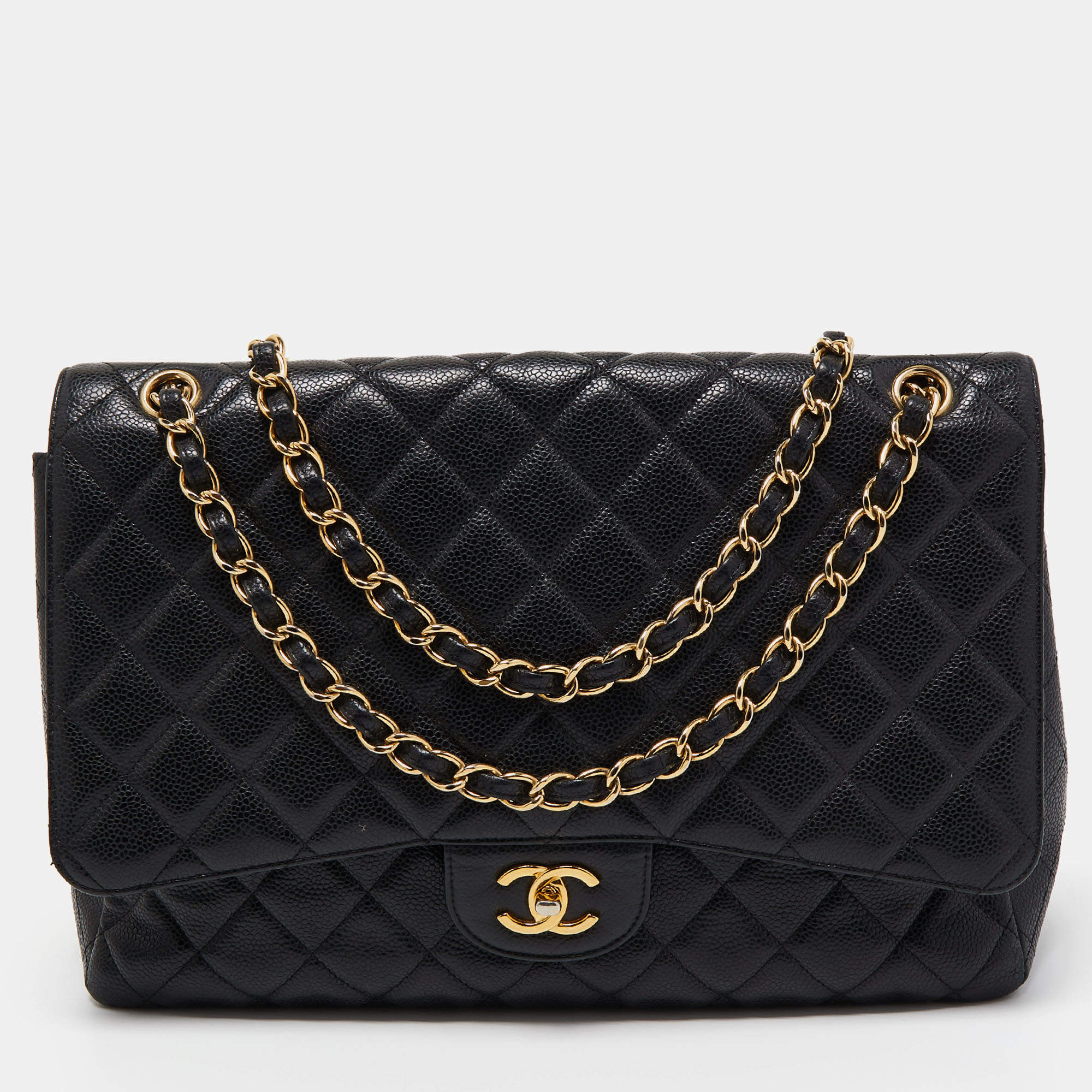 Pre Owned Chanel Black Quilted Caviar Leather Maxi Classic Single Flap Bag