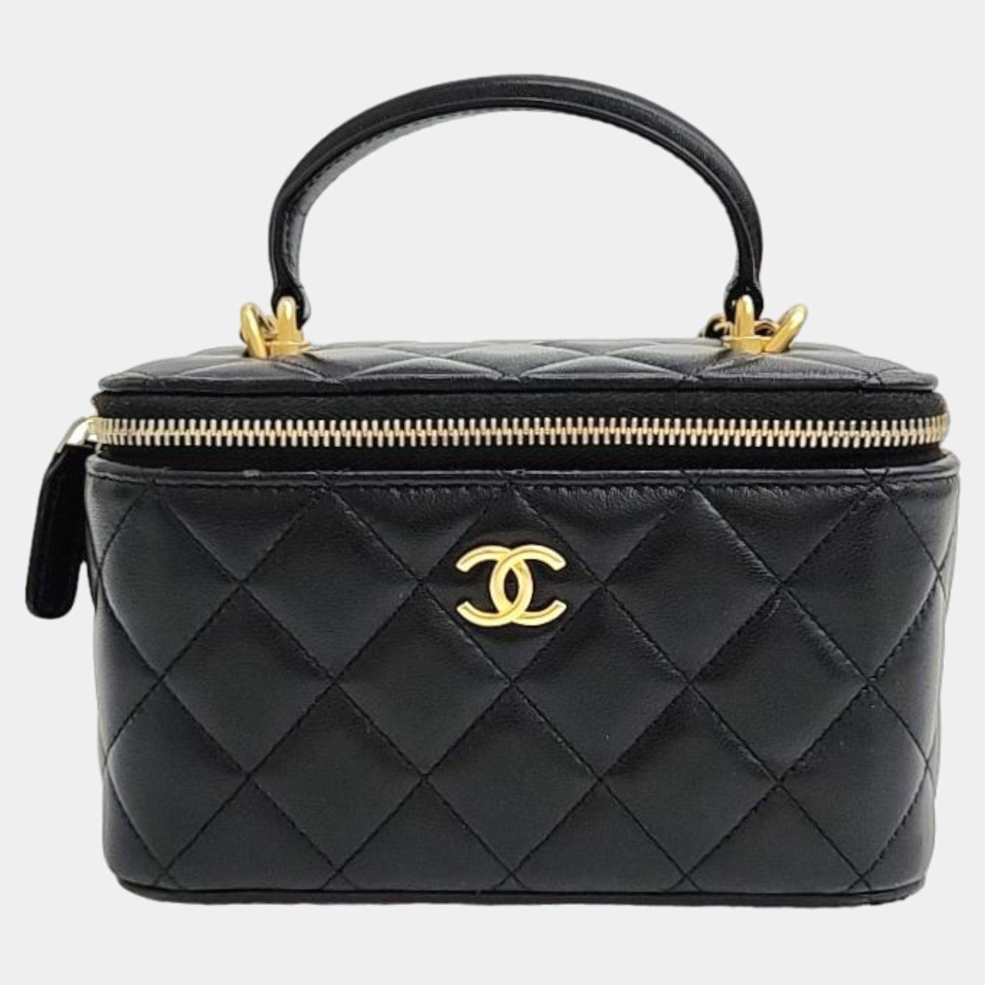 Pre Owned Chanel Lambskin Top Handle Vanity Bag