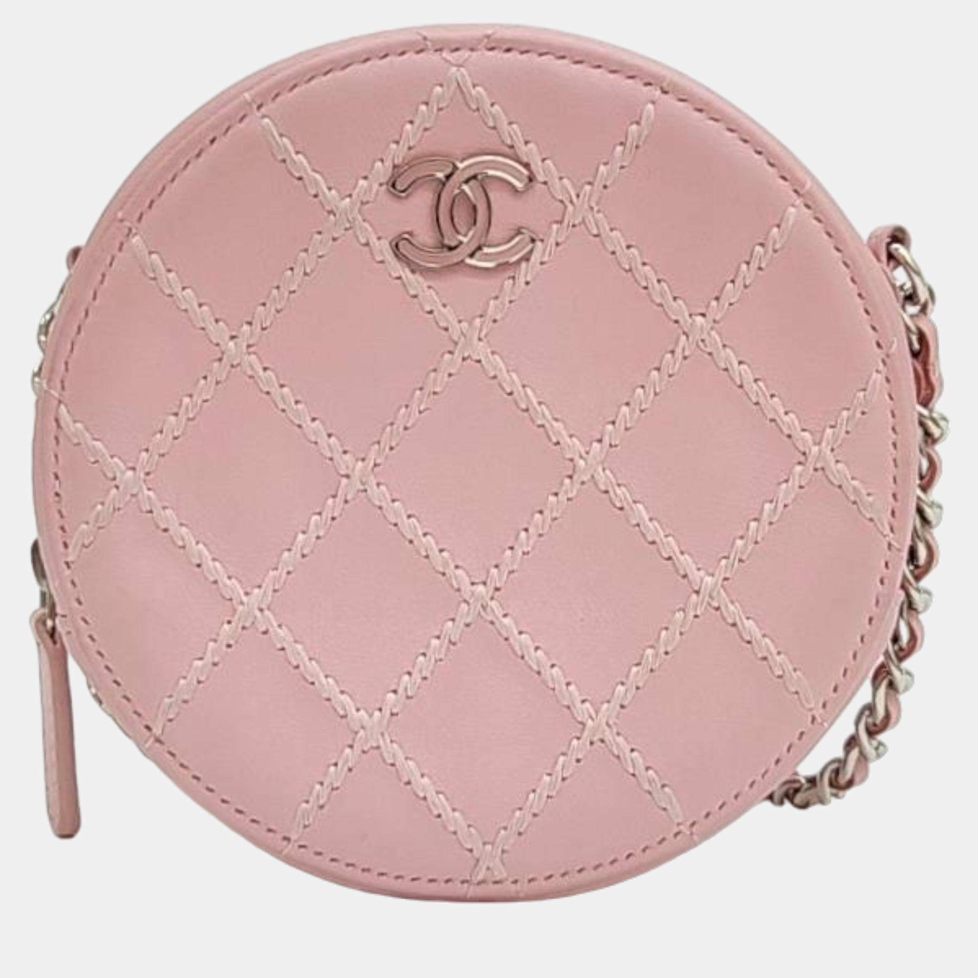 Pre Owned Chanel Pink Stitched Round Mini Cross Bag