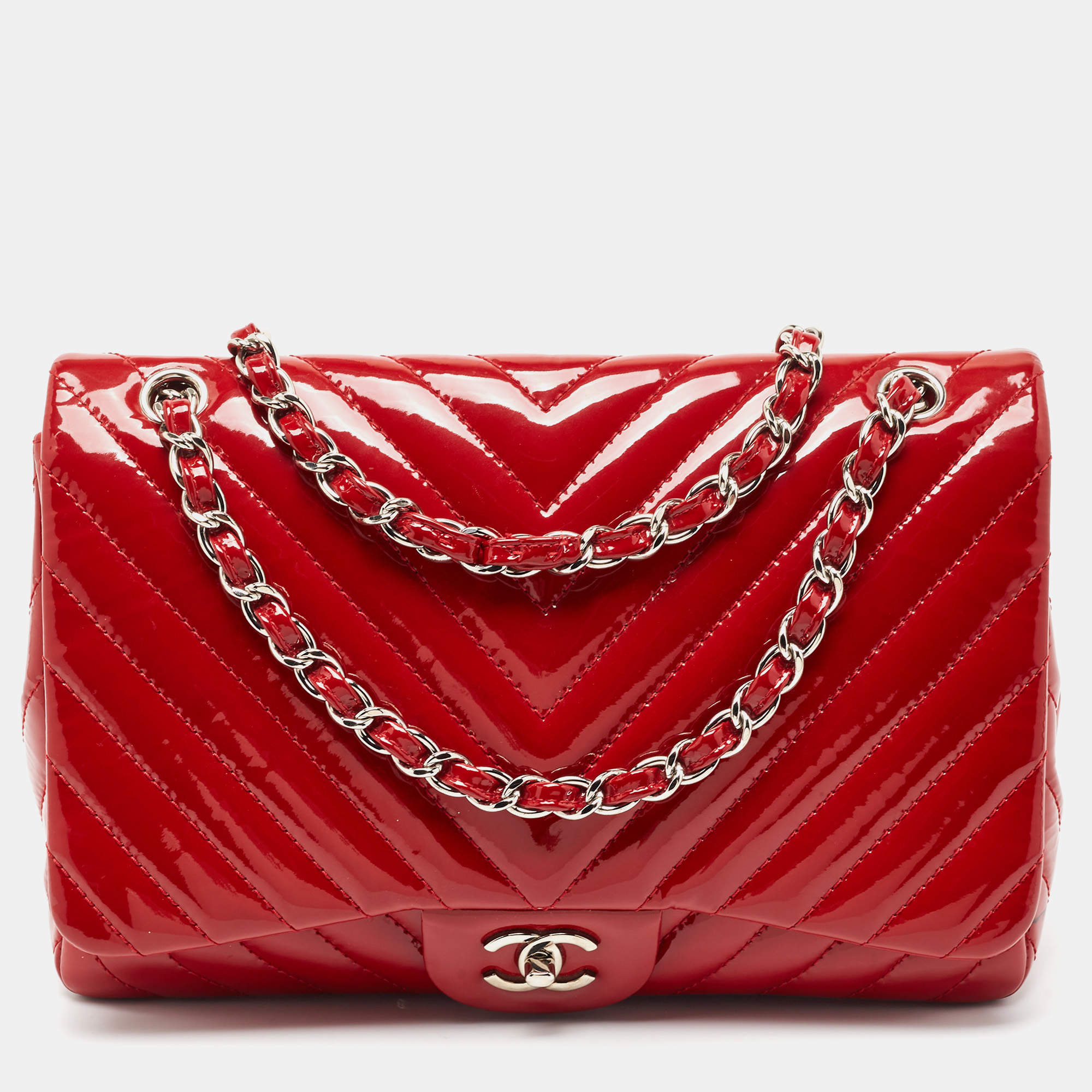 Pre Owned Chanel Red Patent Leather Chevron Jumbo Classic Flap Bag 