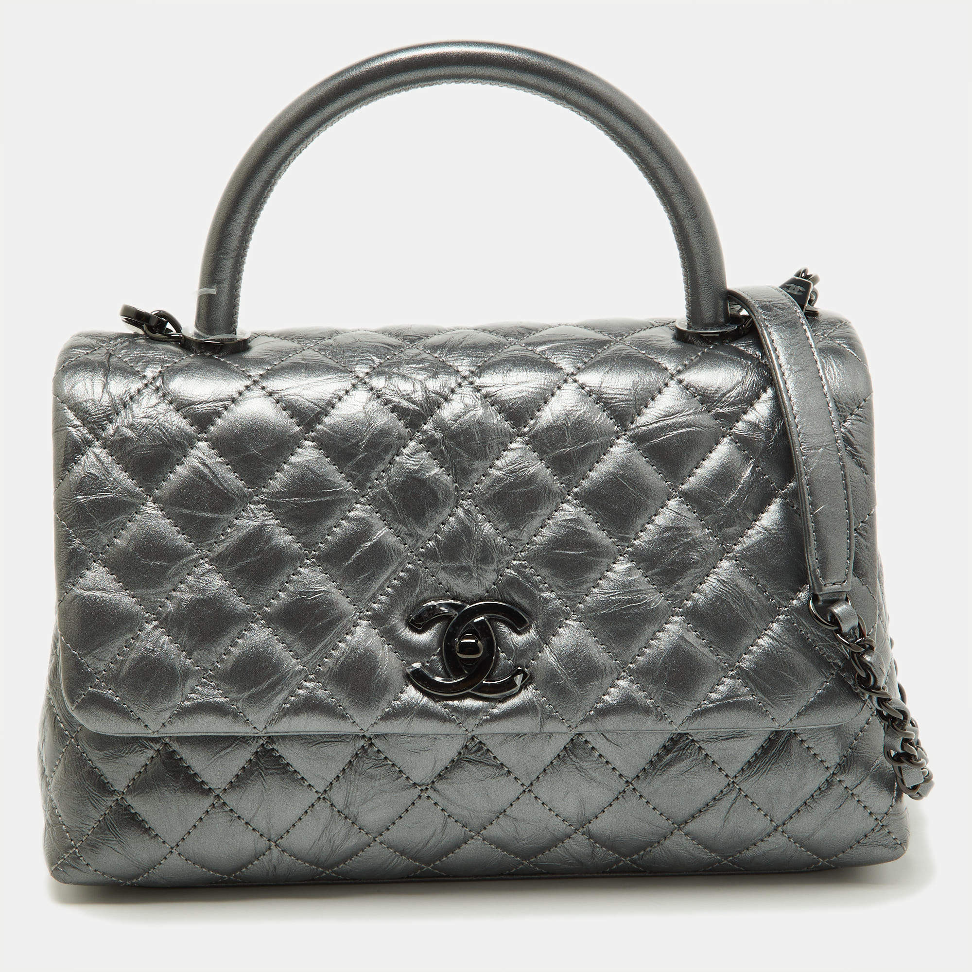 Pre Owned Chanel Metallic Grey Leather Medium Coco Top Handle Bag