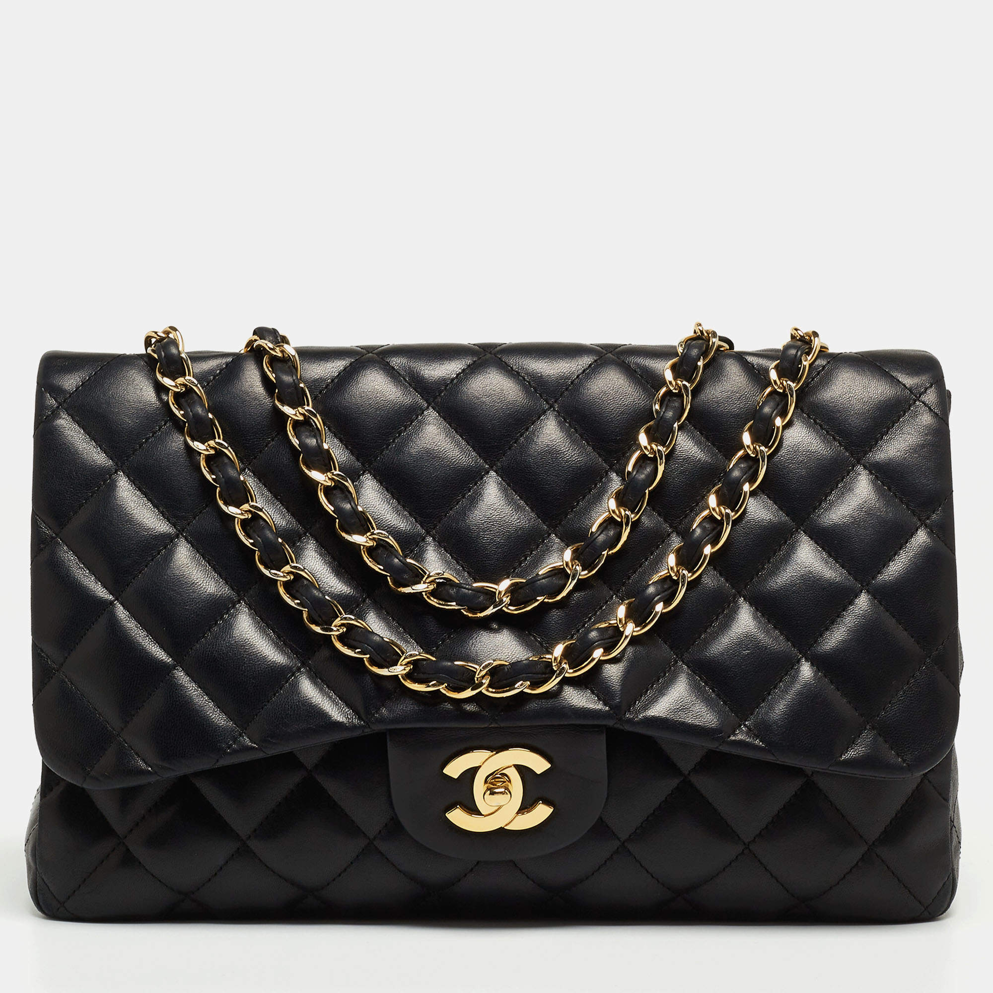 Pre Owned Chanel Black Quilted Leather Jumbo Classic Single Flap Bag