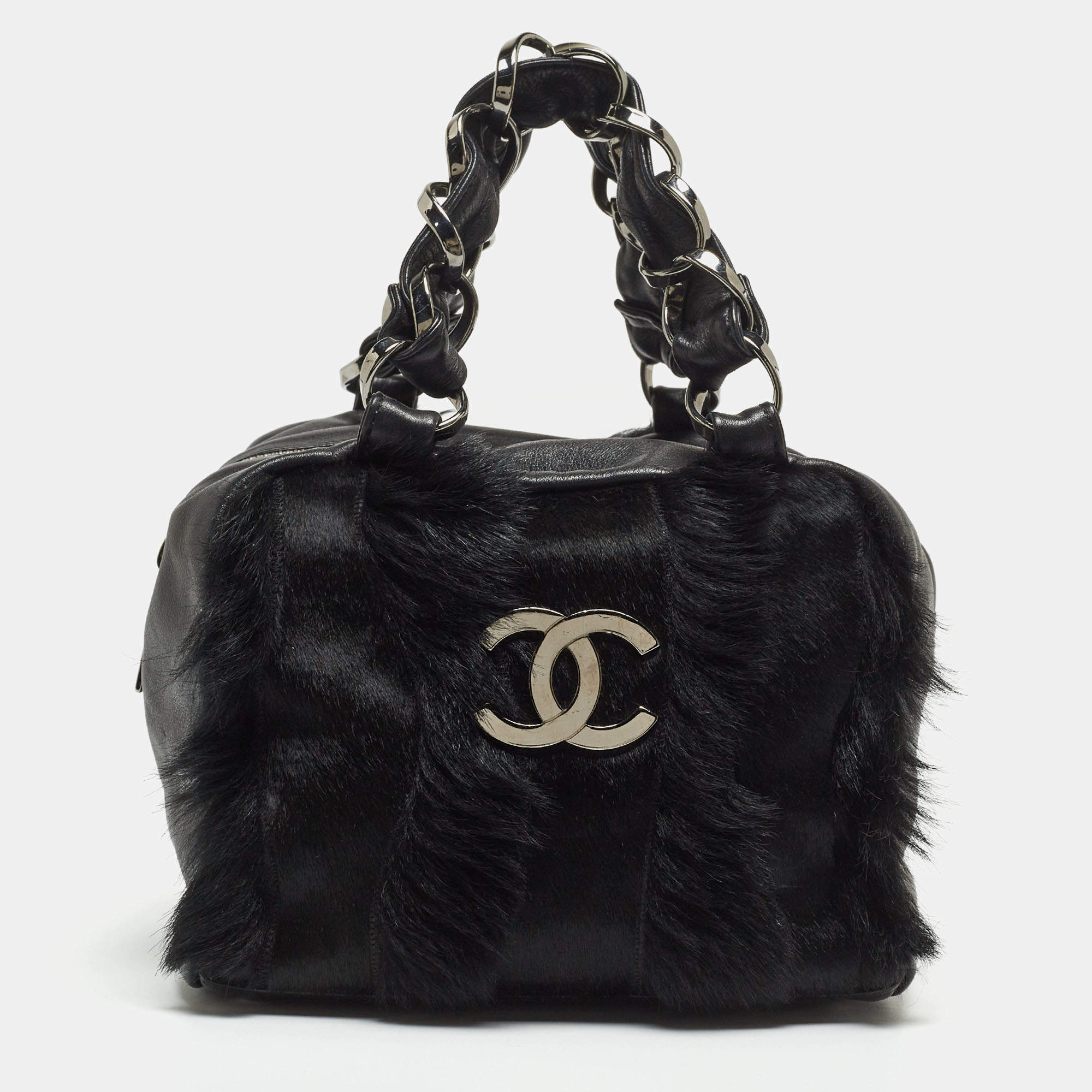 Pre Owned Chanel Black Leather And Calf Hair Boston Bag