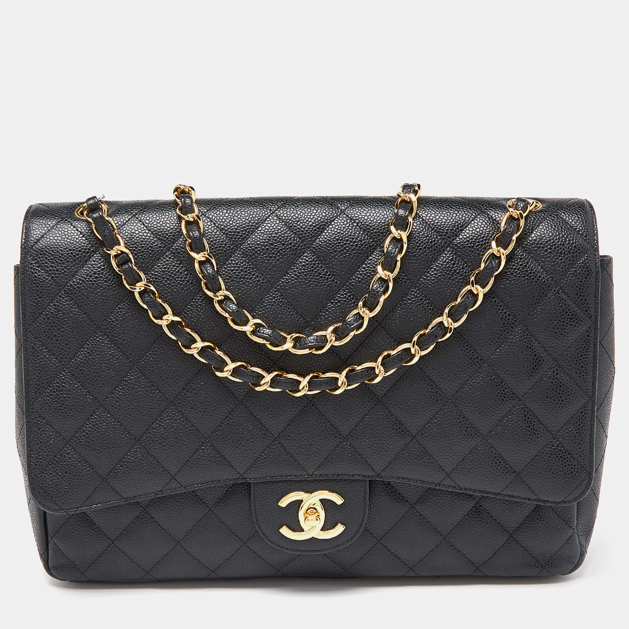 Pre Owned Chanel Black Quilted Caviar Leather Maxi Classic Double Flap Bag