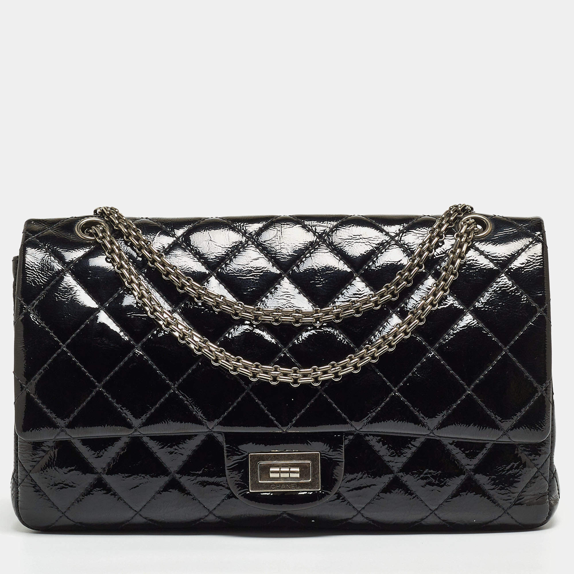 Pre Owned Chanel Black Quilted Patent Leather Reissue 2.55 Classic 227 Flap Bag