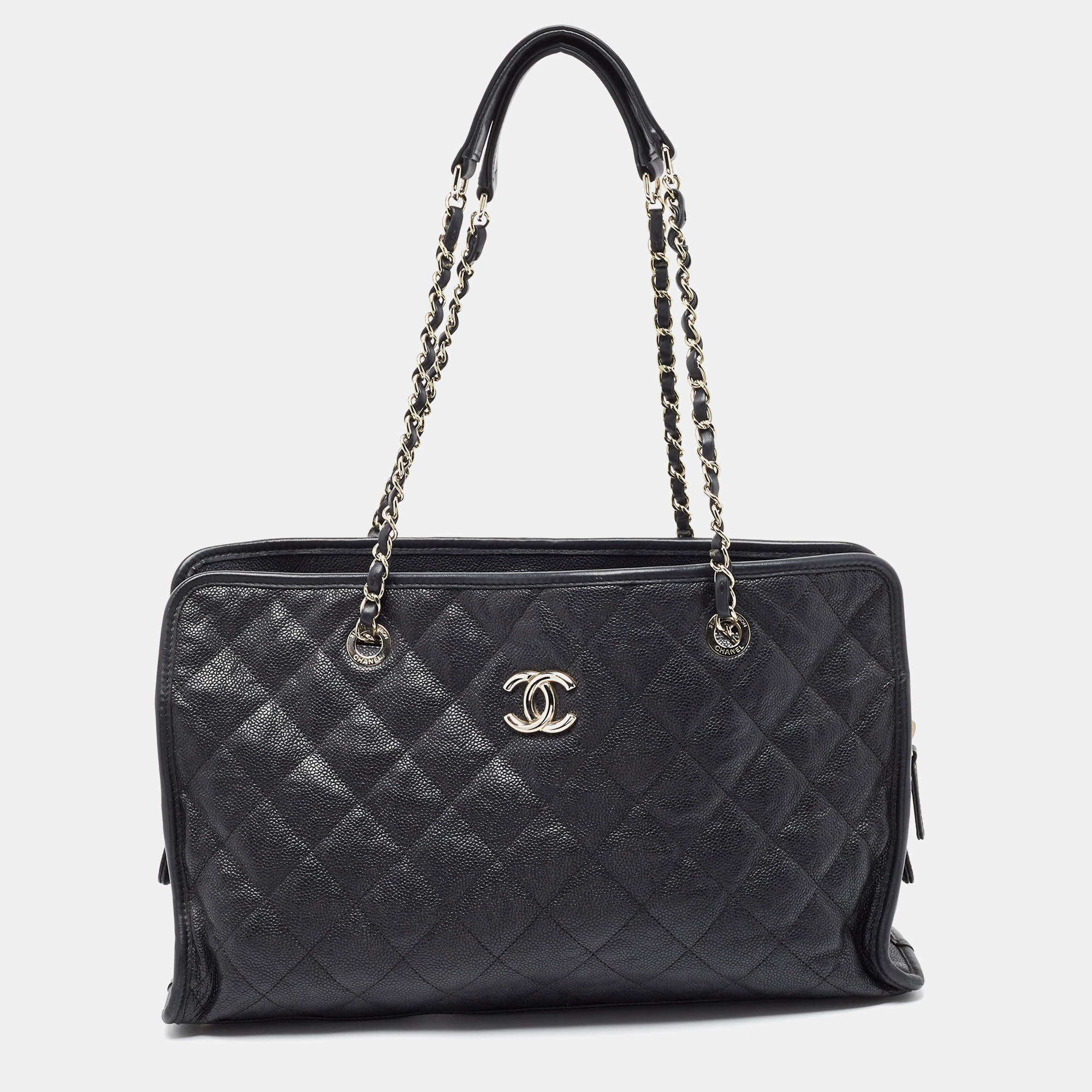 Pre Owned Chanel Black Quilted Caviar Leather French Riviera Tote