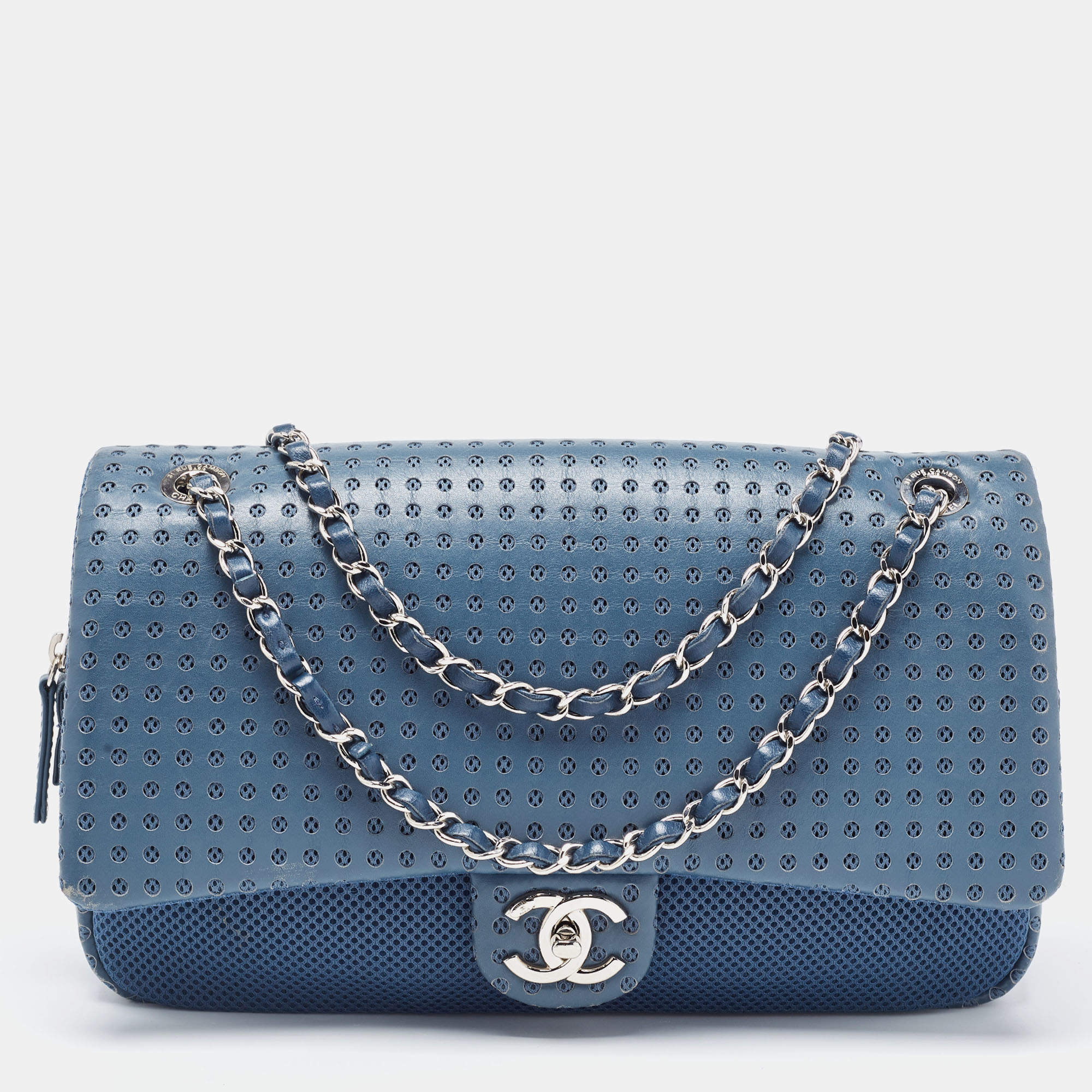 Pre Owned Chanel Blue Perforated Leather And Fabric Jumbo Easy Flap Bag