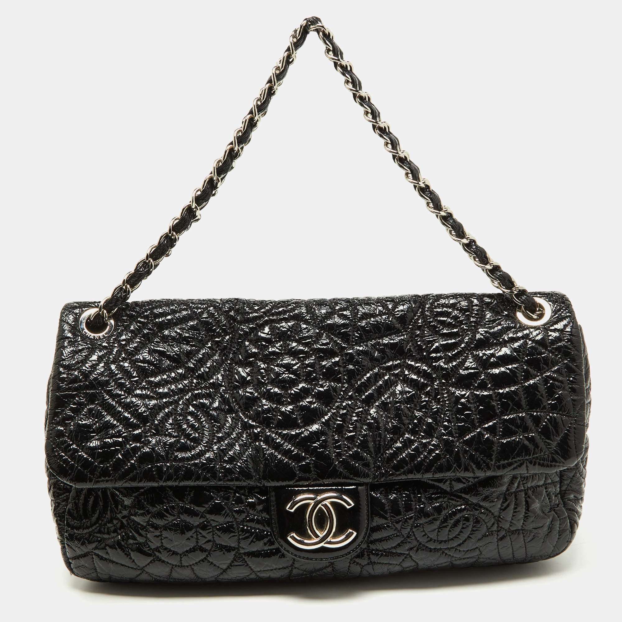 Pre Owned Chanel Black Patent Vinyl Graphic Edge Classic Flap Bag