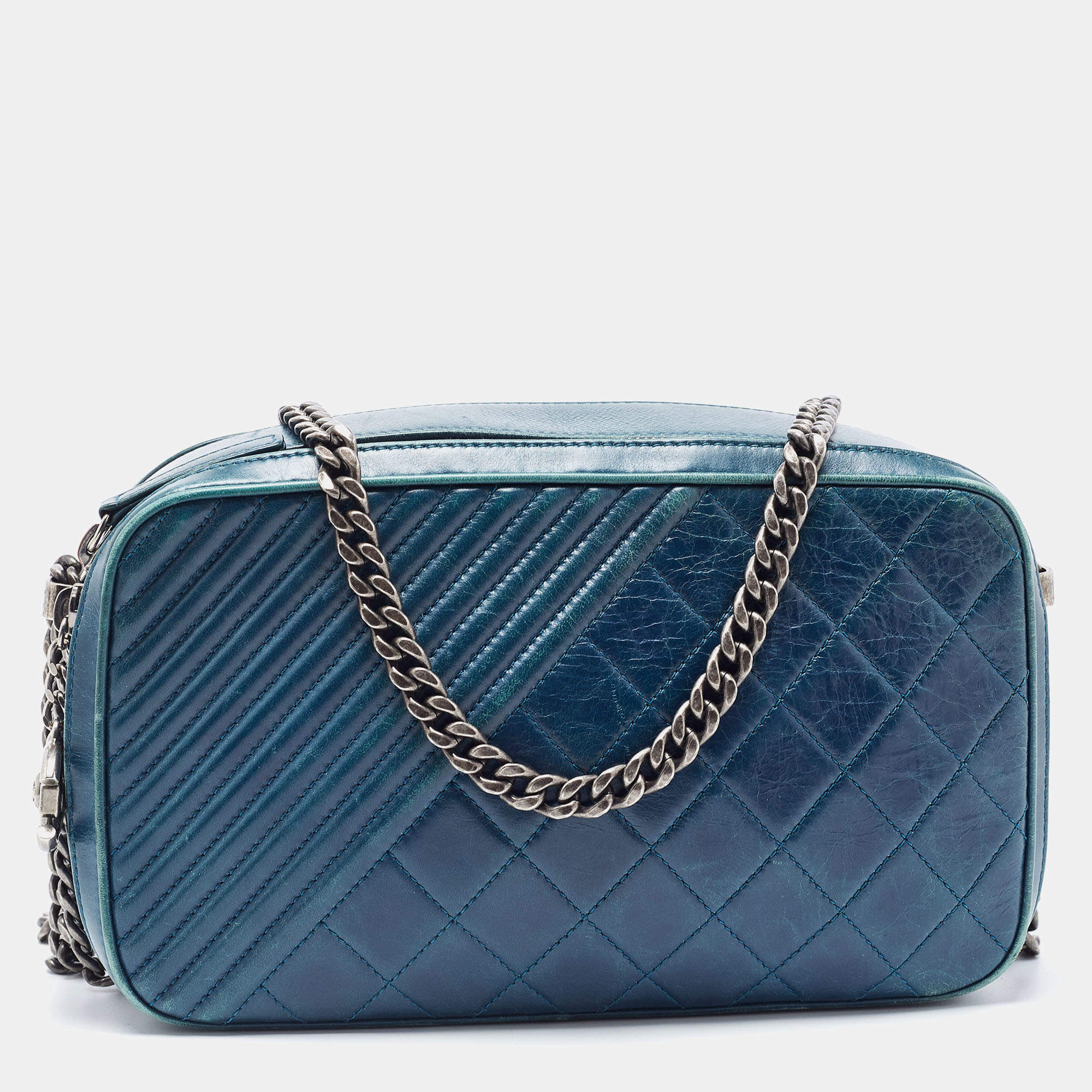 Pre Owned Chanel Teal Blue Quilted Leather Coco Boy Camera Case Bag