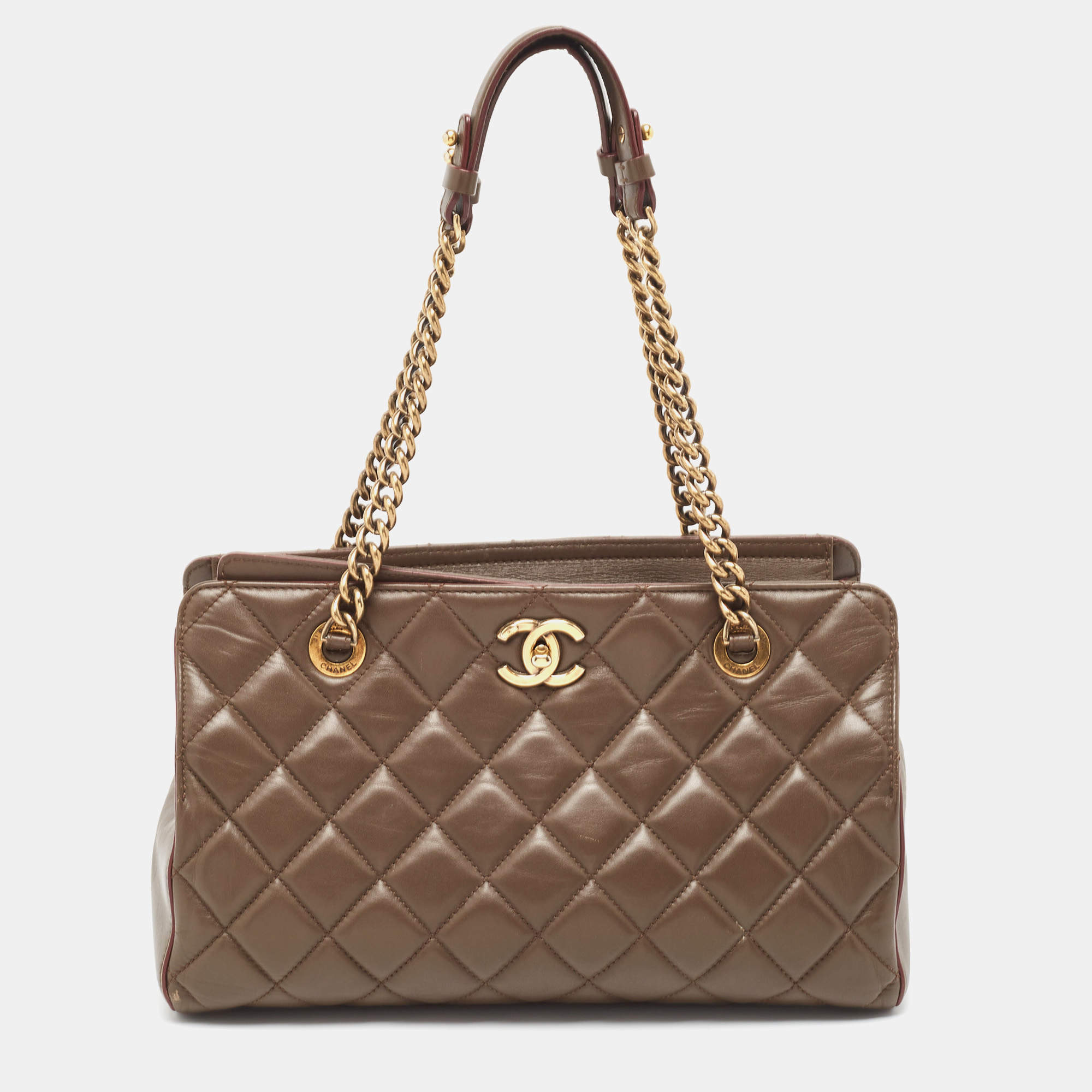 Pre Owned Chanel Dark Brown Quilted Leather Perfect Edge Tote