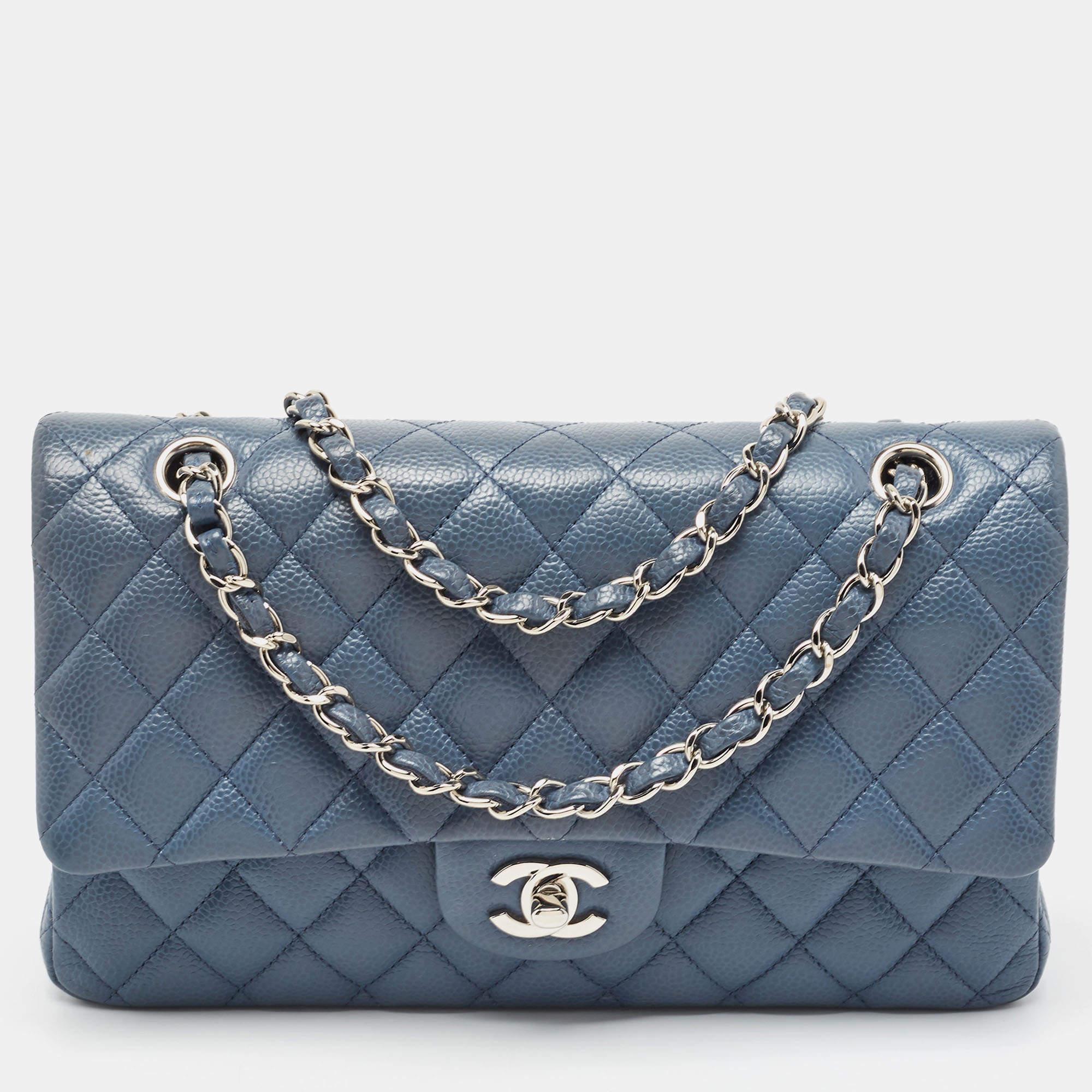 Pre Owned Chanel Blue Quilted Caviar Leather Medium Classic Double Flap Bag