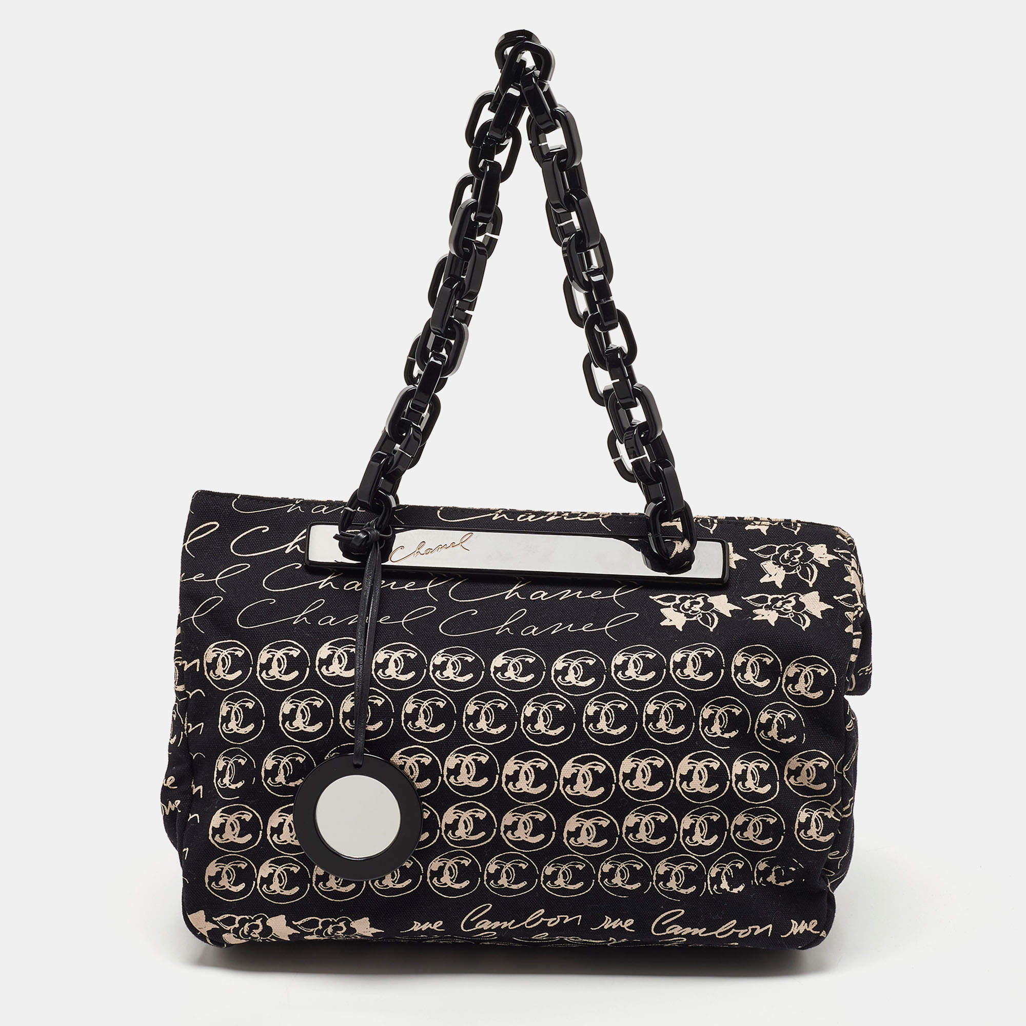 Pre Owned Chanel Black/White Printed Canvas Chain Link Tote 