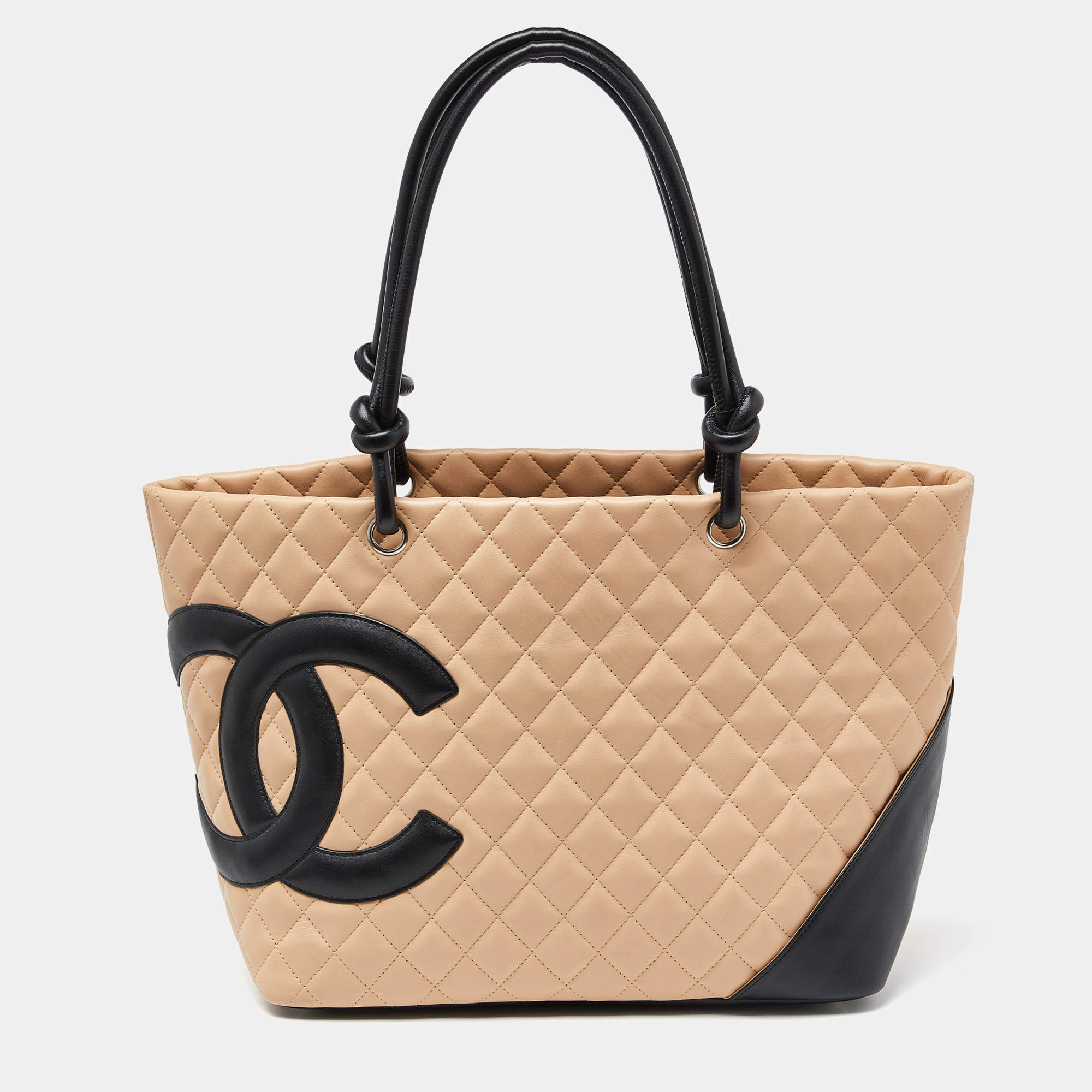 Pre Owned Chanel Beige/Black Quilted Leather Large Ligne Cambon Tote 