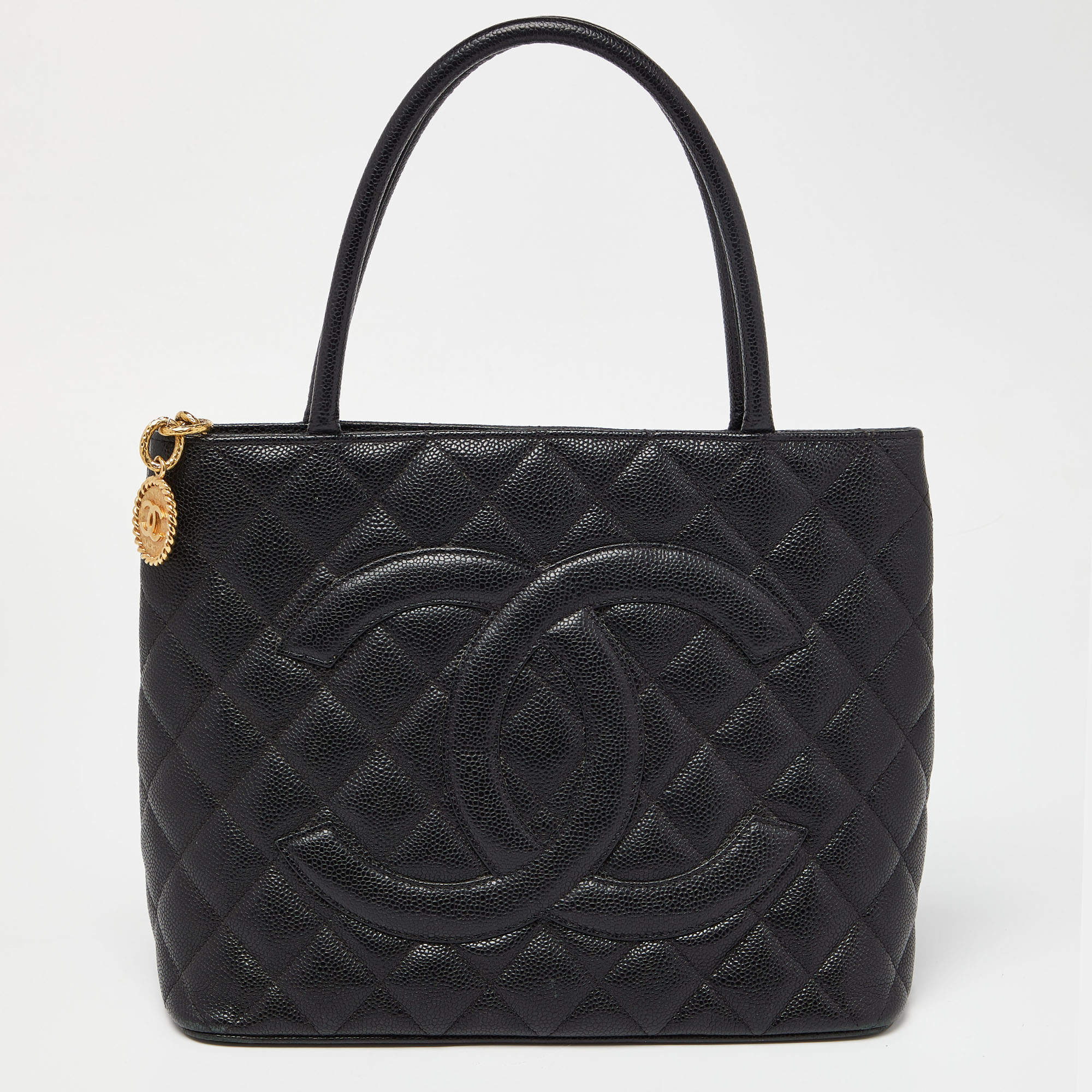 Chanel Black Quilted Caviar Leather Medallion Bag