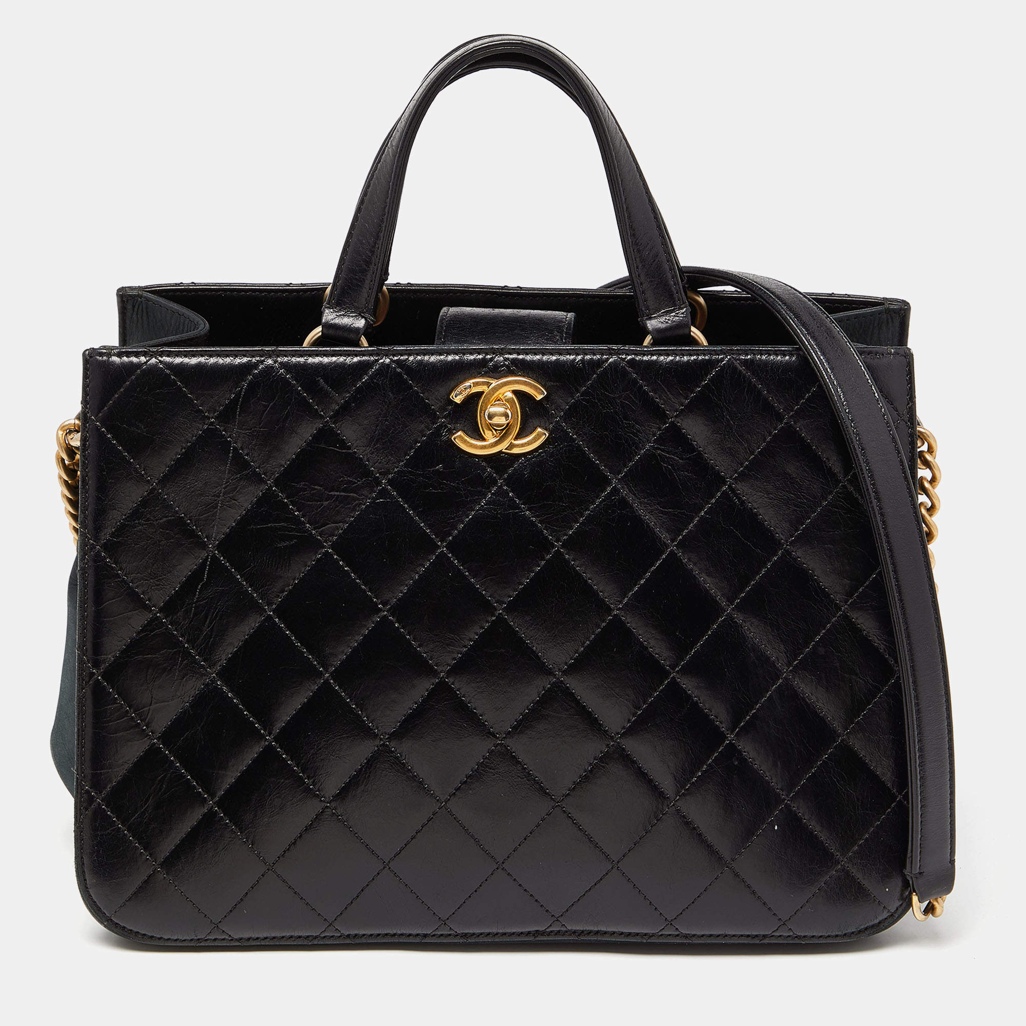 Pre Owned Chanel Black Quilted Leather Small Straight-Lined Shopper Tote