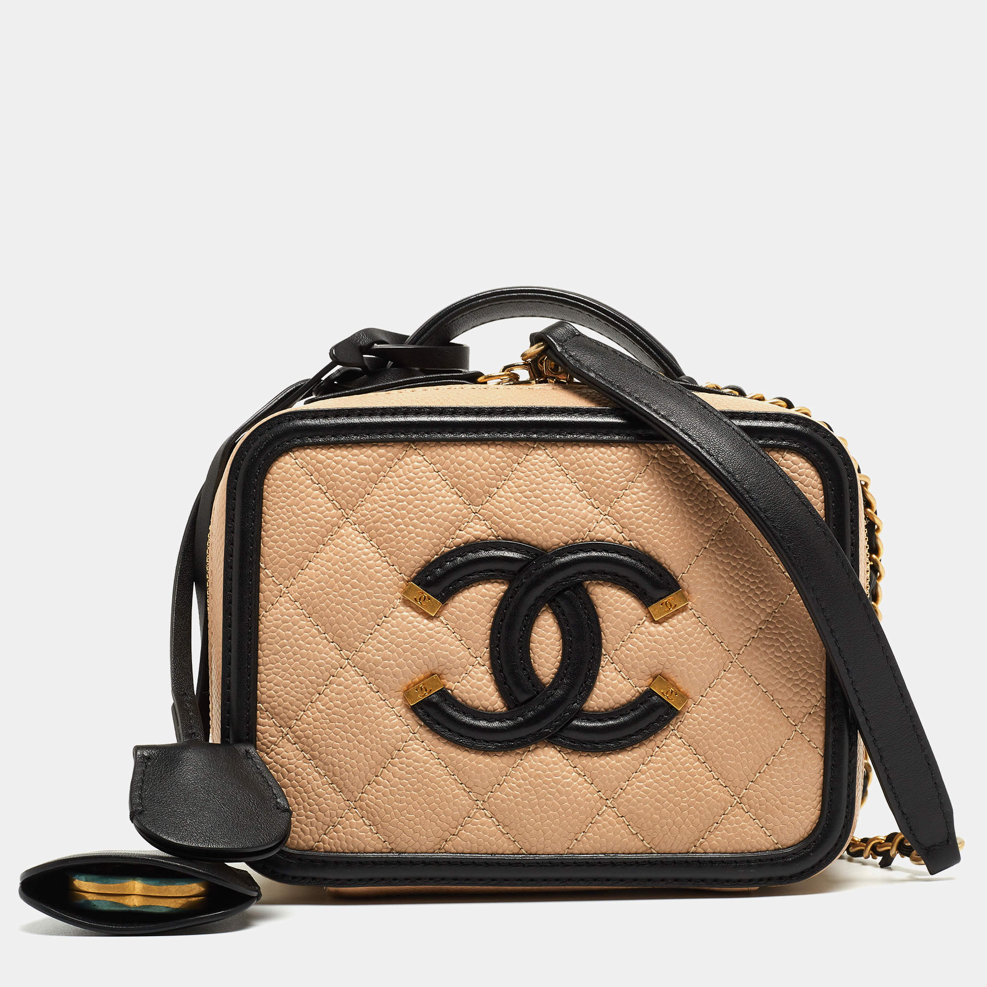 Pre Owned Chanel Pink/Black Quilted Caviar Leather Small CC Filigree Vanity Case Bag