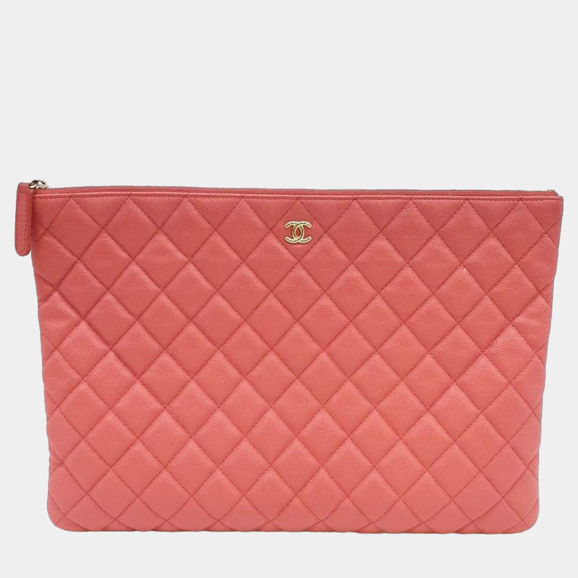 Pre Owned Chanel Red Caviar Large Clutch