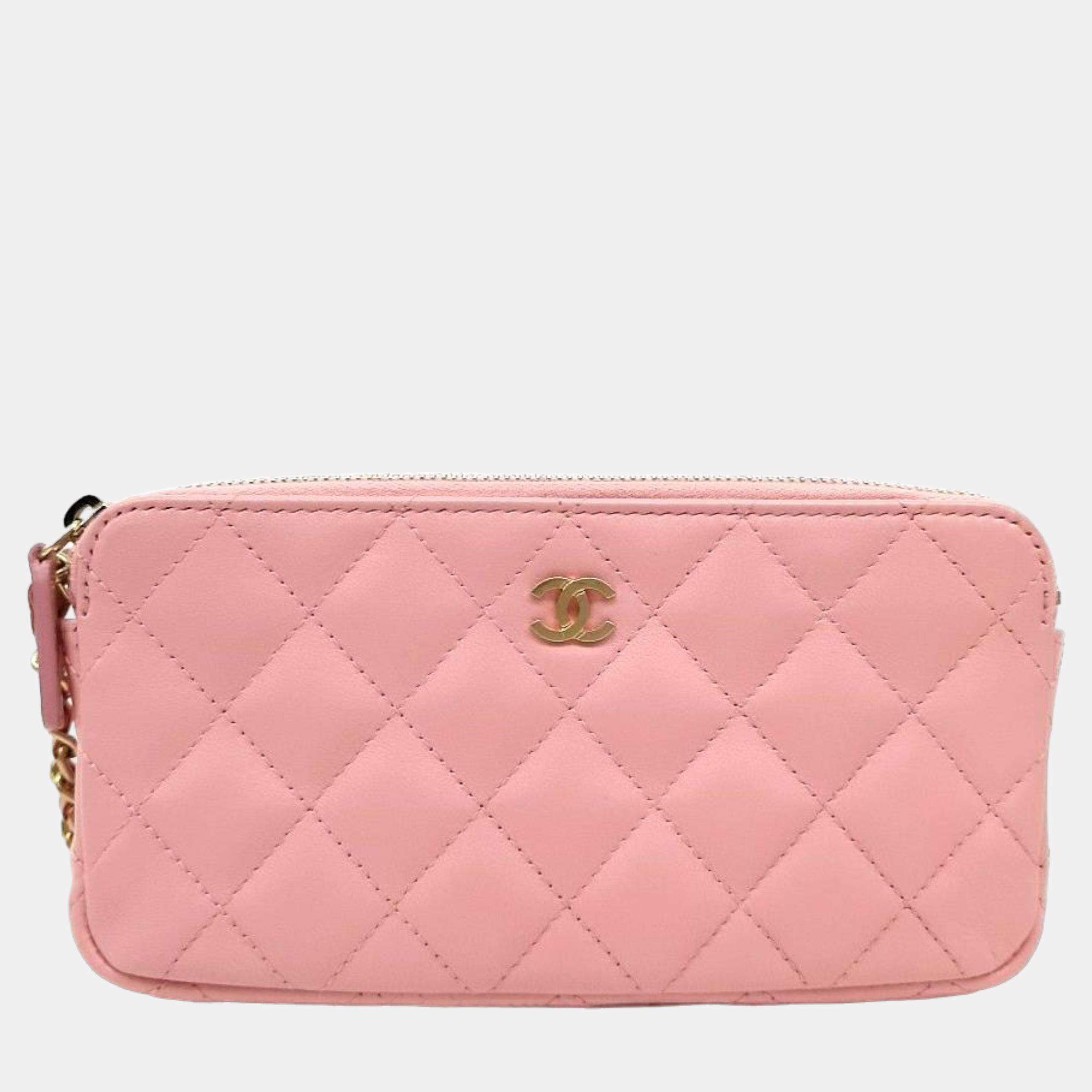 Chanel Pink Leather CC Quilted Double Zip Wallet On Chain