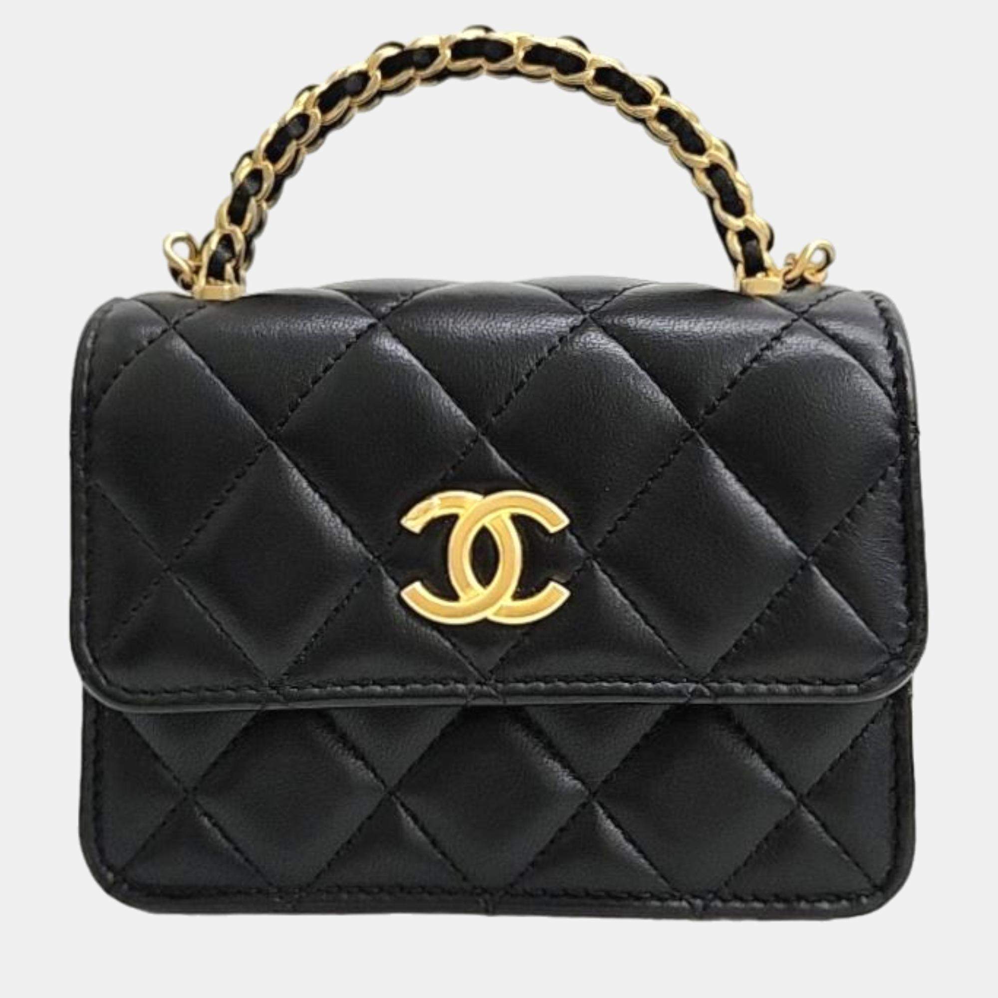 Pre Owned Chanel Black Lambskin Leather Mini Top Handle CC Chain Clutch Bag 