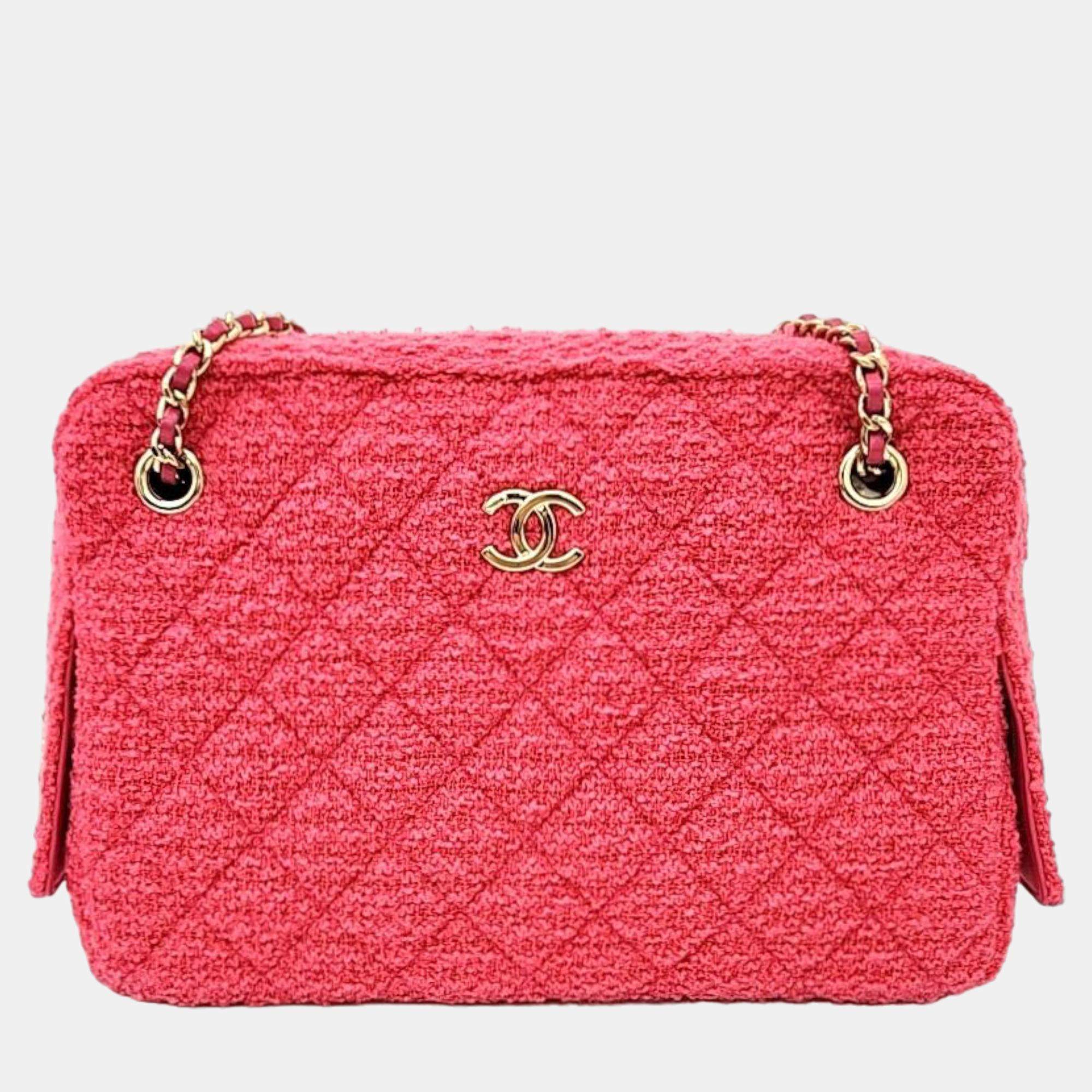 Chanel Pink Leather Tweed Camera Shoulder Bag 