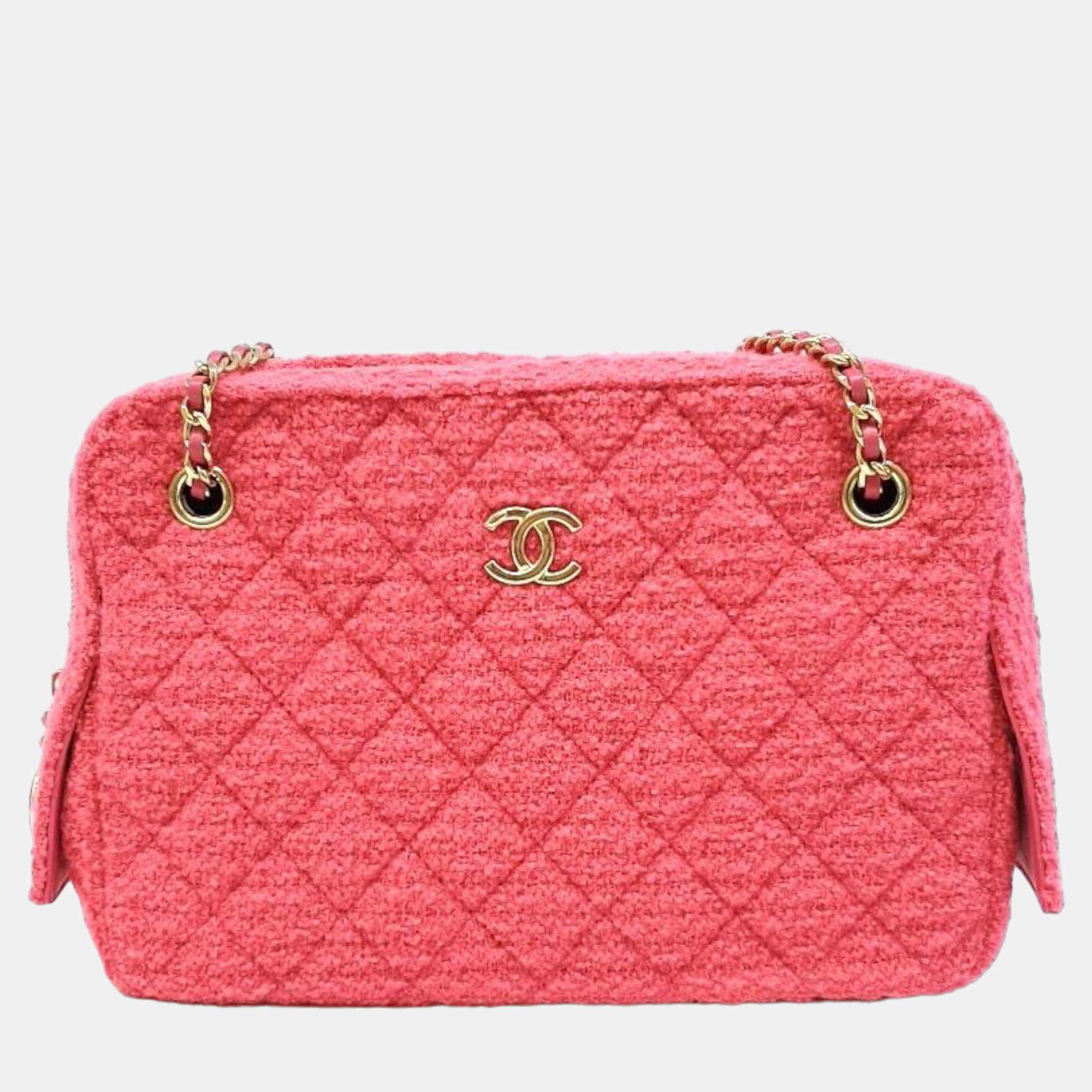 Chanel Pink Leather Tweed Camera Shoulder Bag 