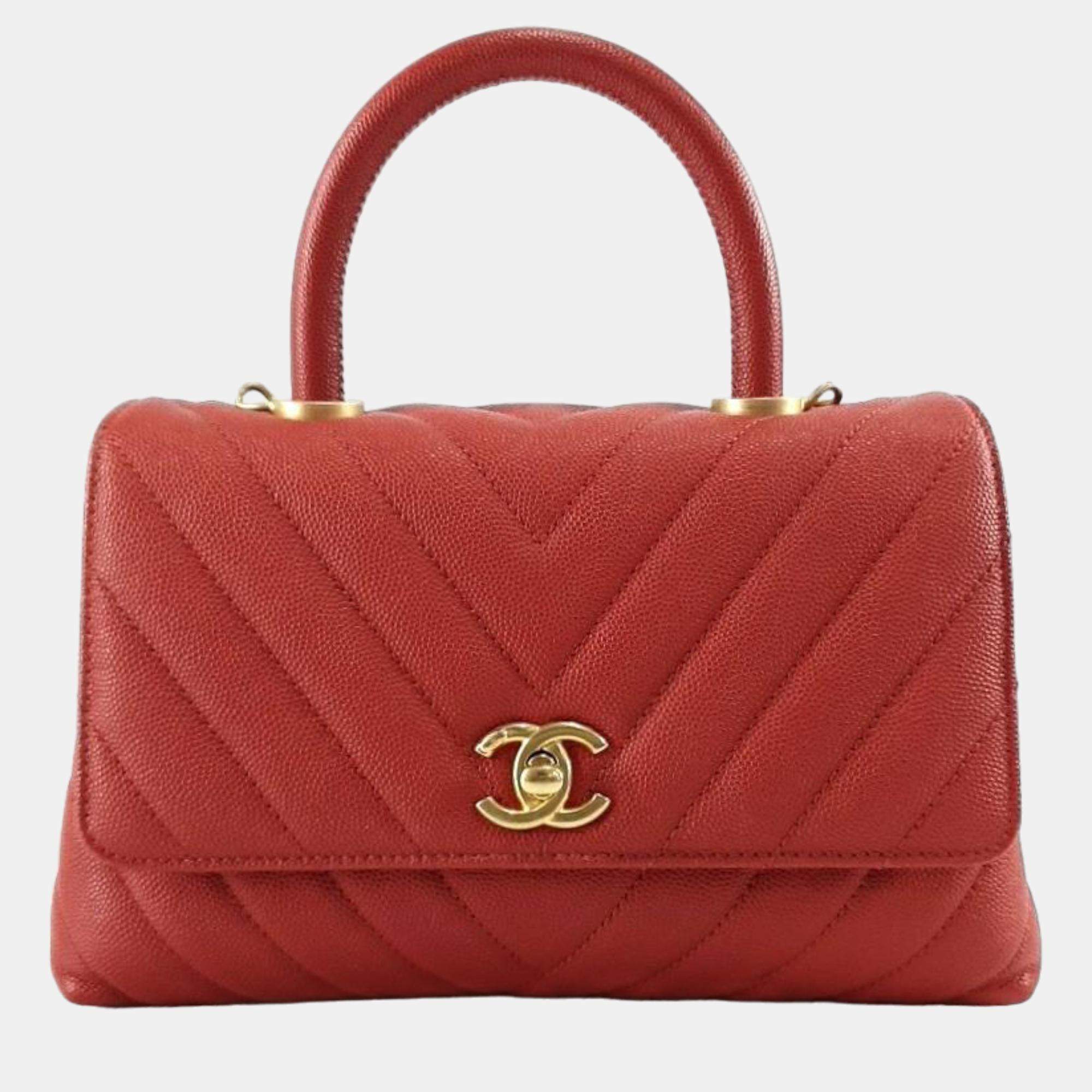 Pre Owned Chanel Red Caviar Leather Small Coco Handle Shoulder Bag 