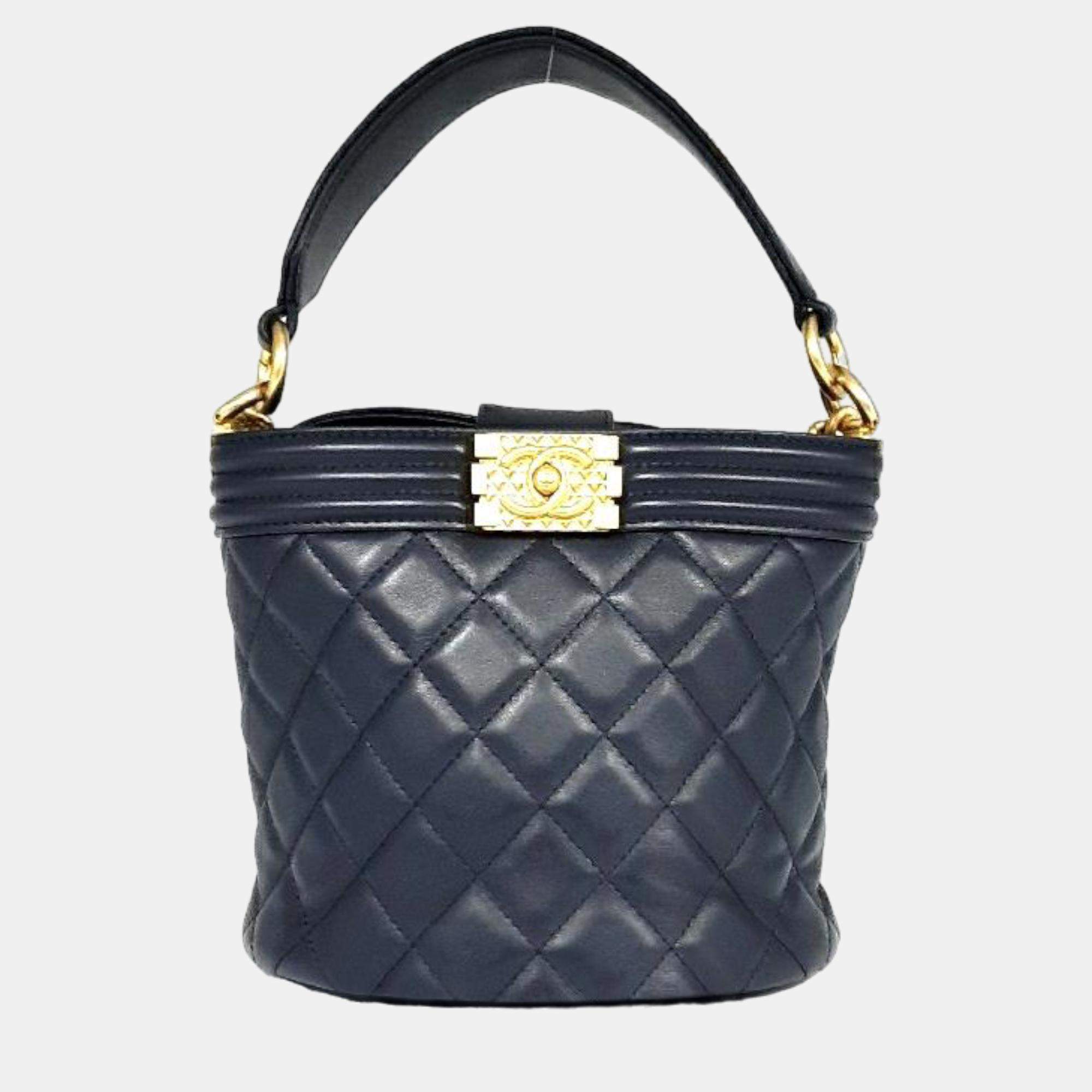 Chanel Navy Blue Leather Quilted Bucket Boy Shoulder Bag 