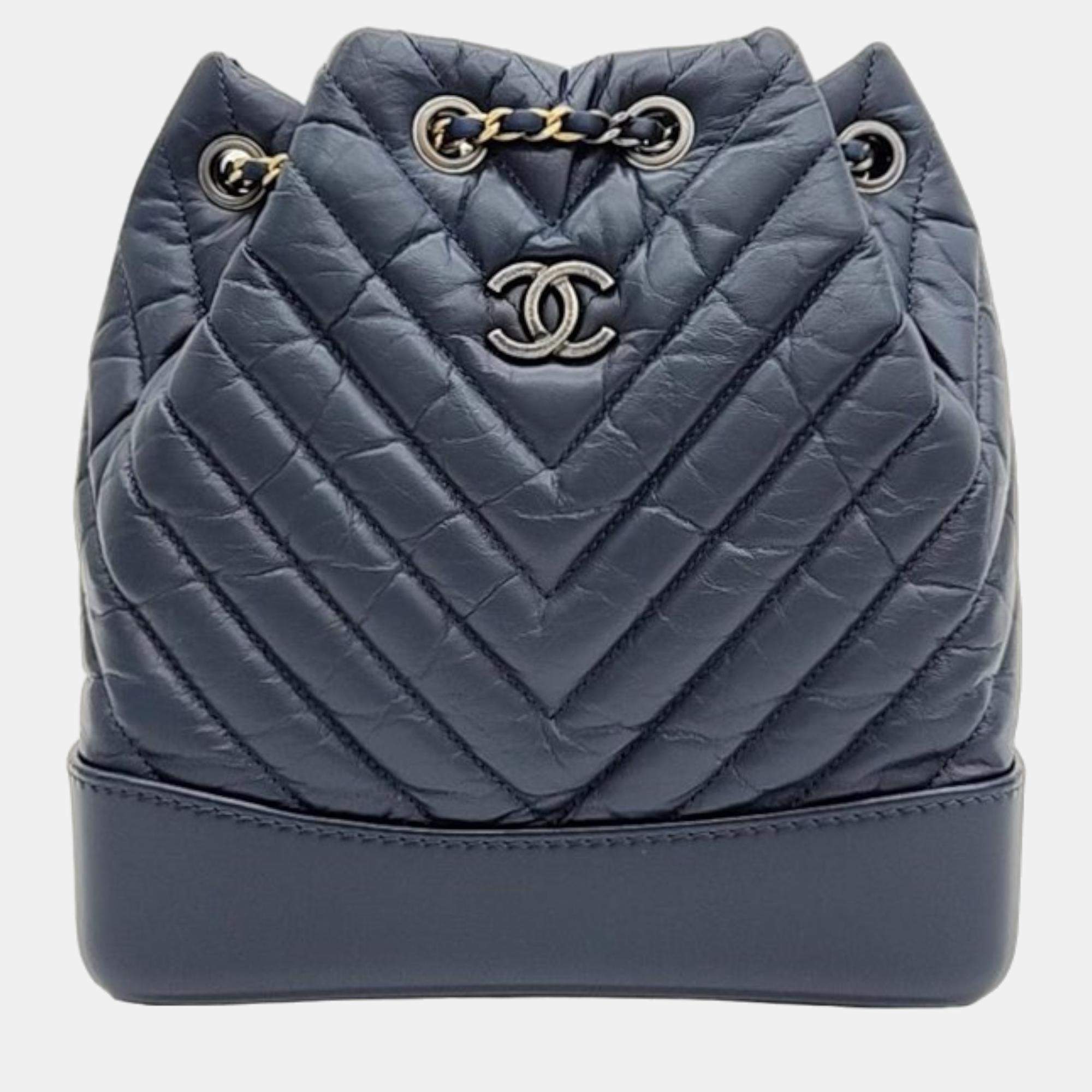 Pre Owned Chanel Blue Leather Small Chevron Gabrielle Backpack