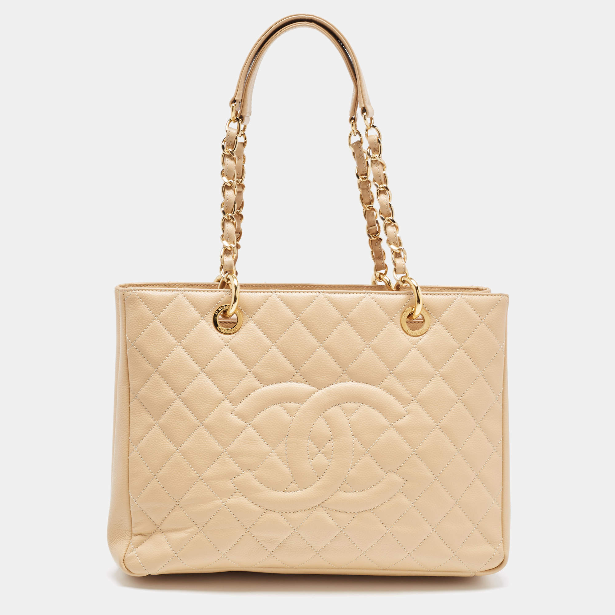 Pre Owned Chanel Beige Quilted Caviar Leather GST Shopper Tote