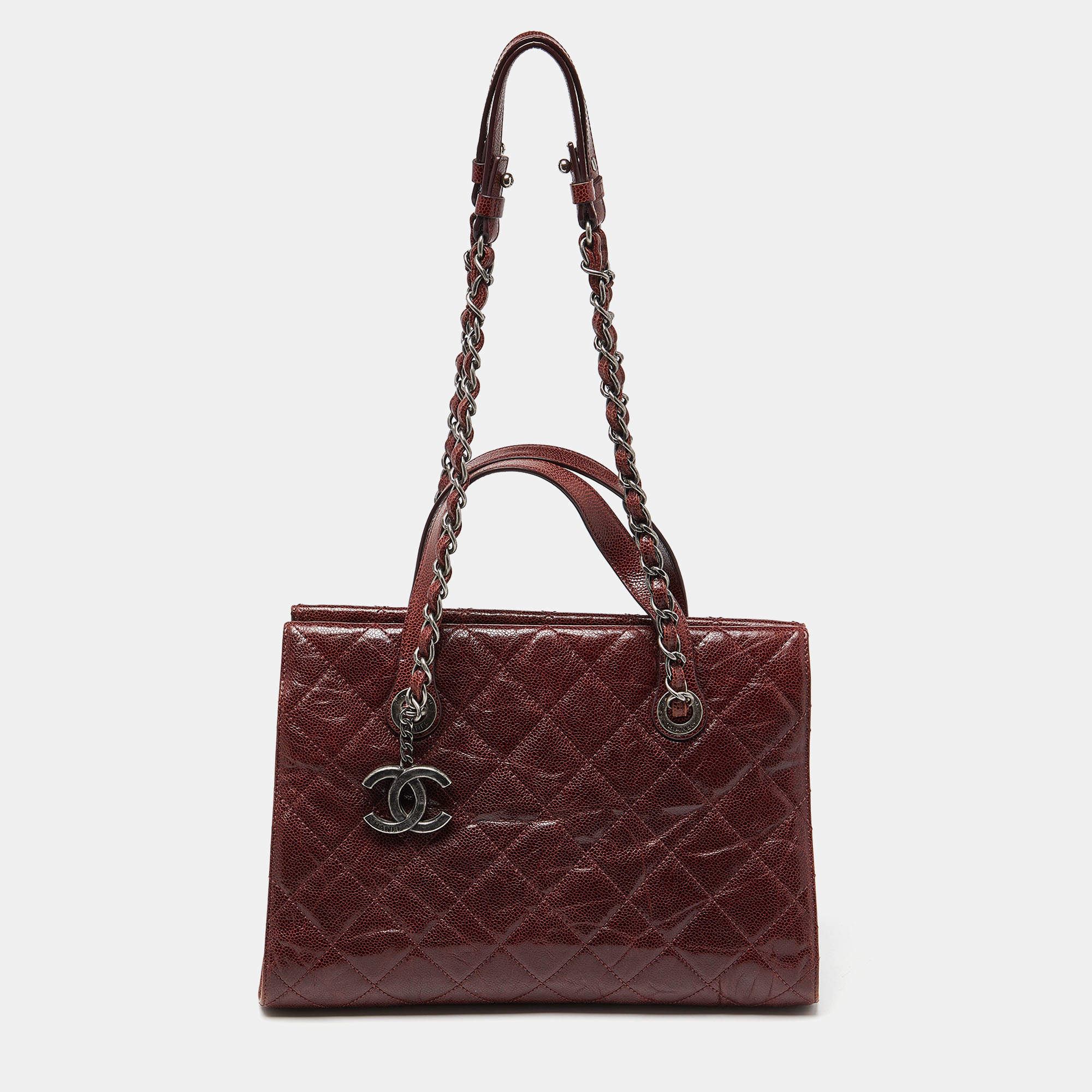 Pre Owned Chanel Burgundy Quilted Glazed Caviar Leather Crave Tote