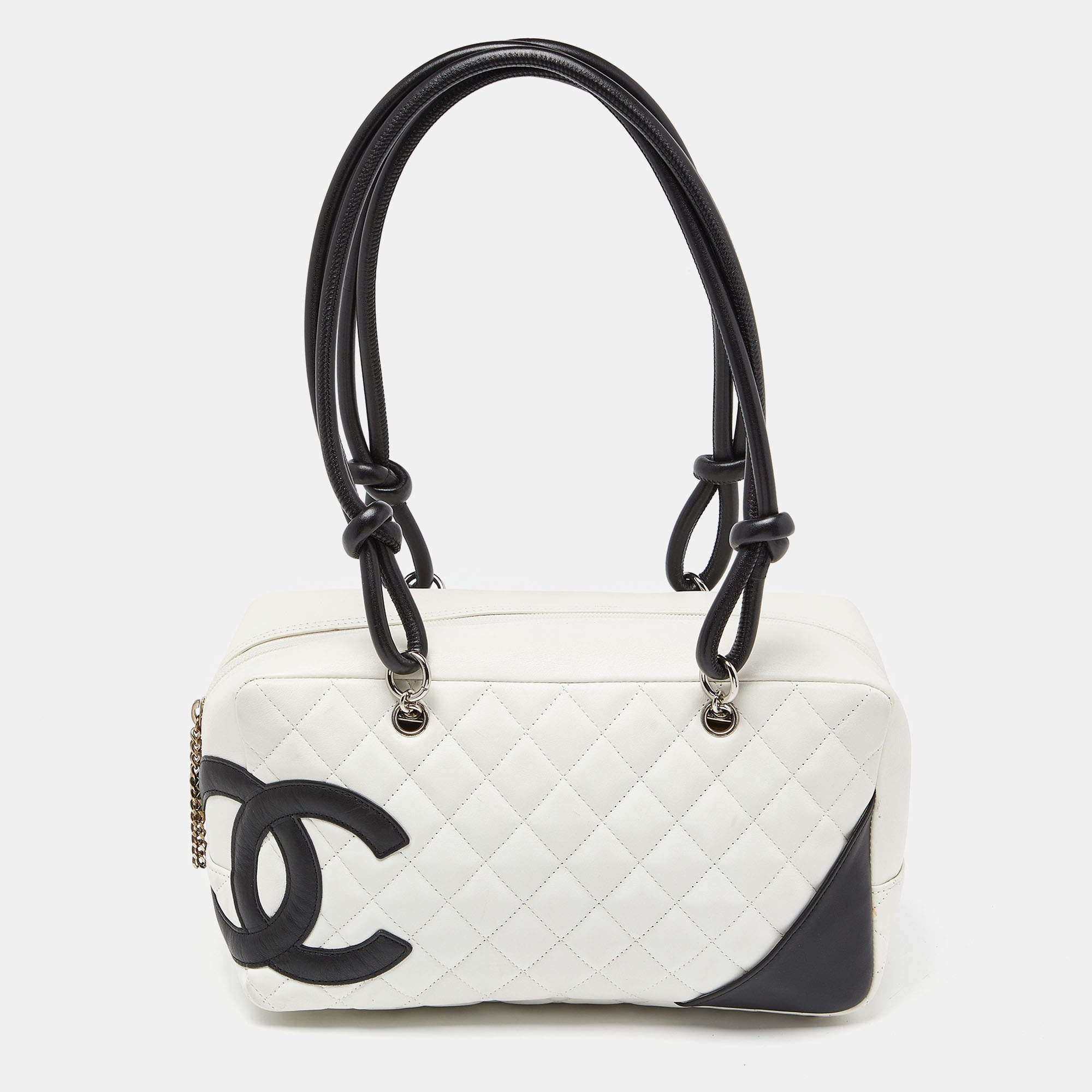 Pre Owned Chanel White/Black Quilted Leather Cambon Ligne Bowler Bag