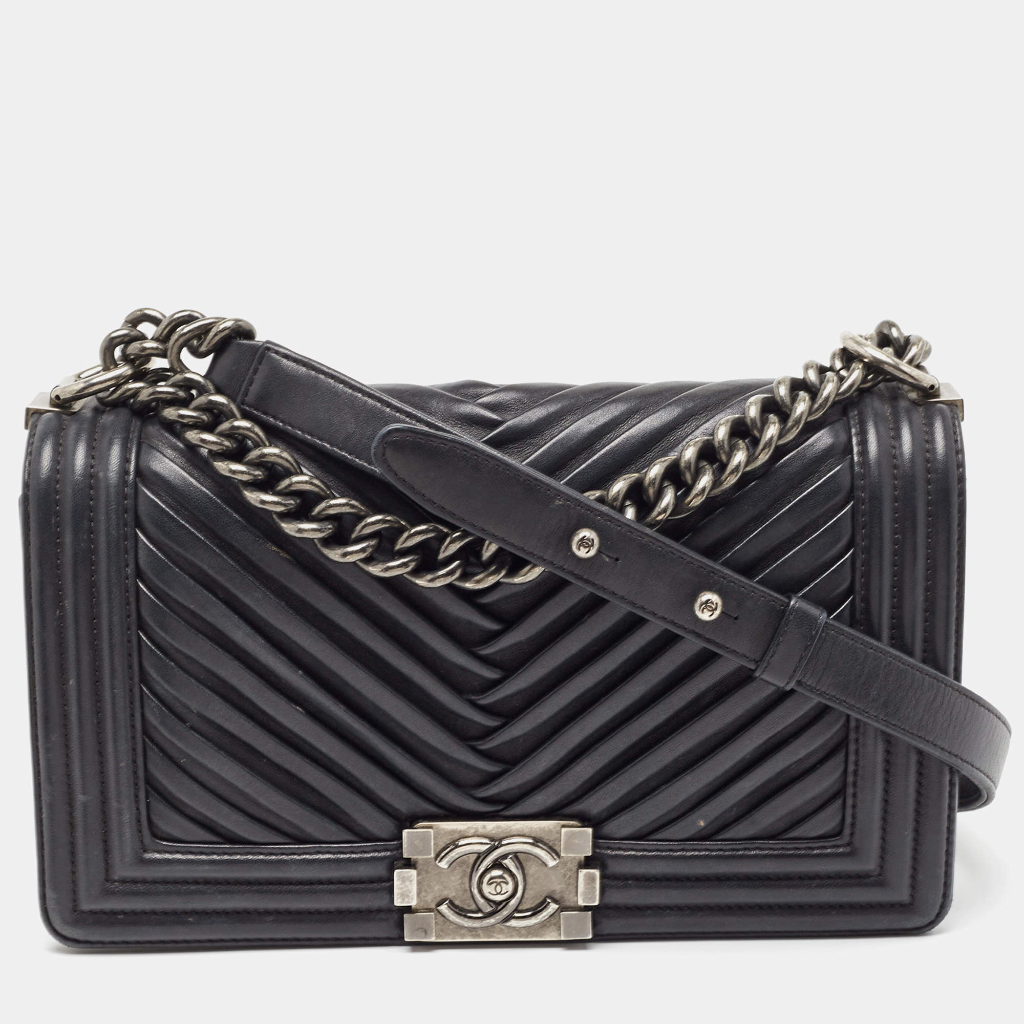 Chanel Black Chevron Pleated Leather Medium Boy Flap Bag