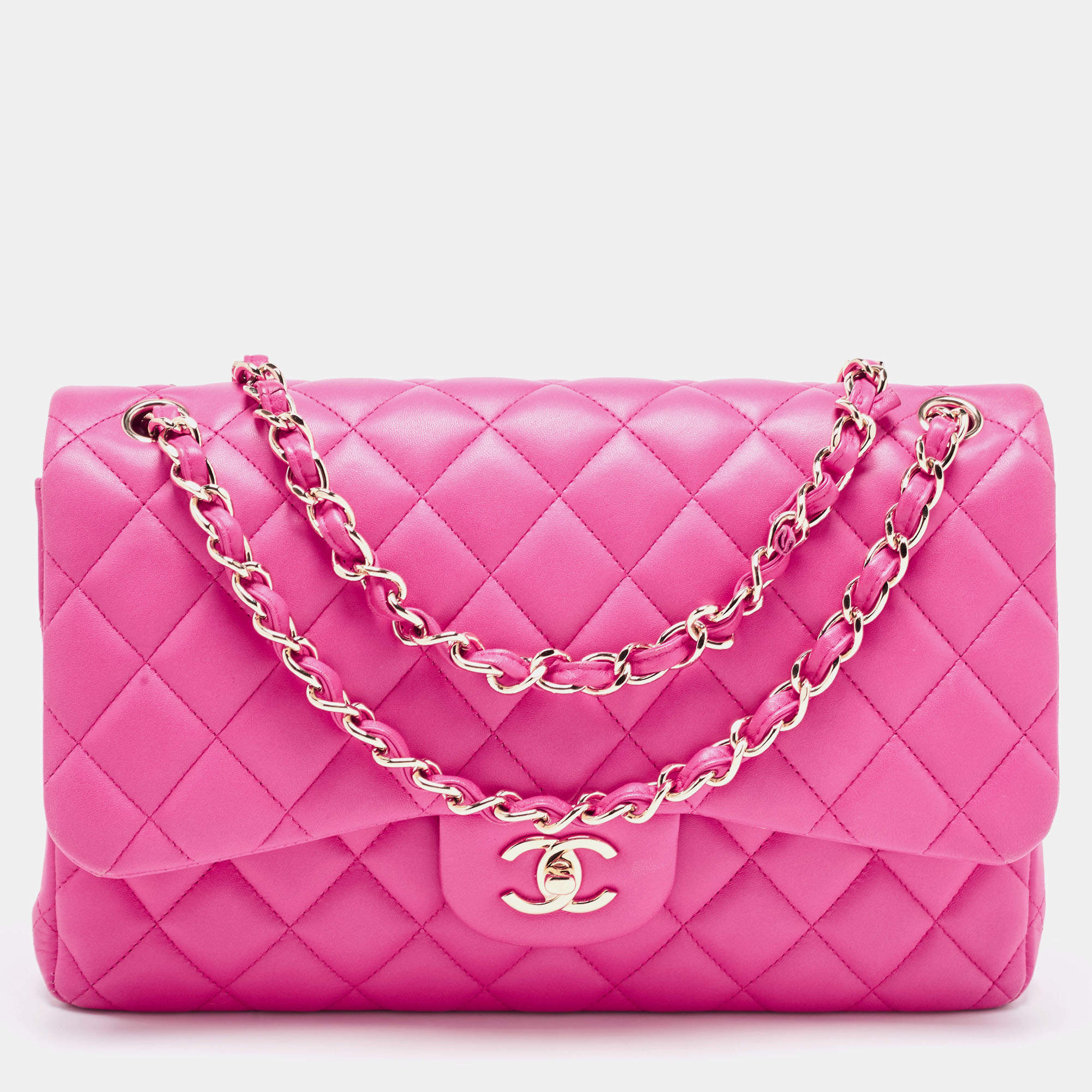 Pre Owned Chanel Fuchsia Quilted Lambskin Leather Jumbo Classic Double Flap Bag