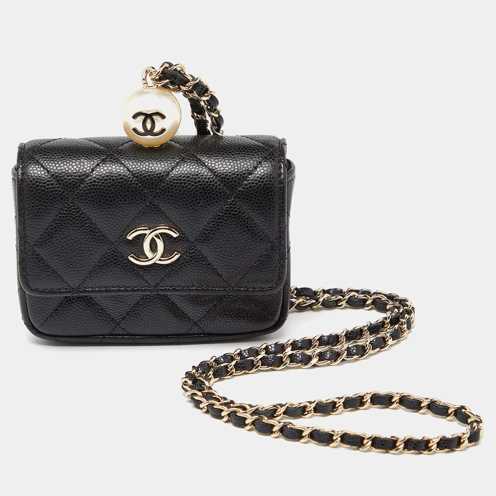 Chanel Black Caviar Leather CC Pearl Flap Chain Coin Purse 