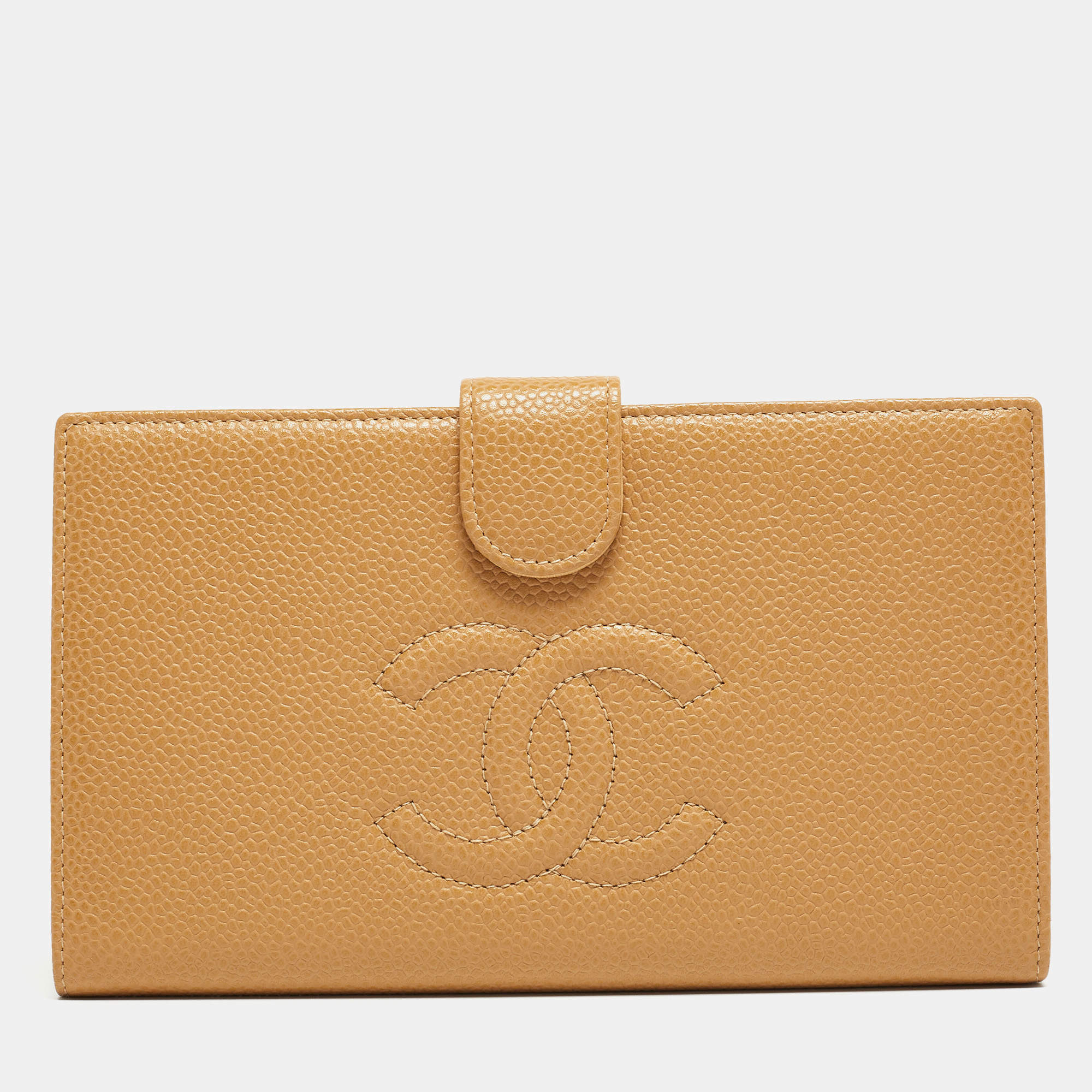 Pre Owned Chanel Beige CC Caviar Leather CC Timeless French Wallet  