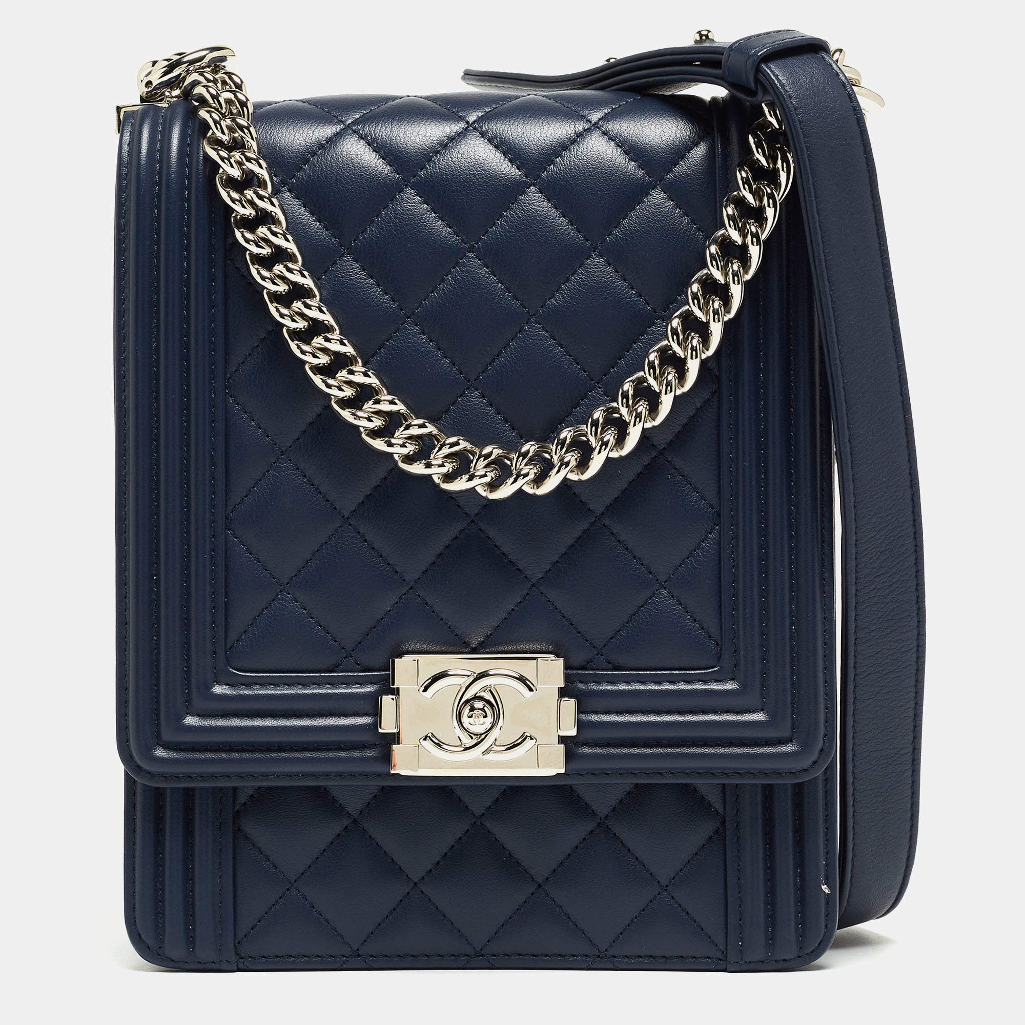 Pre Owned Chanel Blue Quilted Leather North South Boy Shoulder Bag